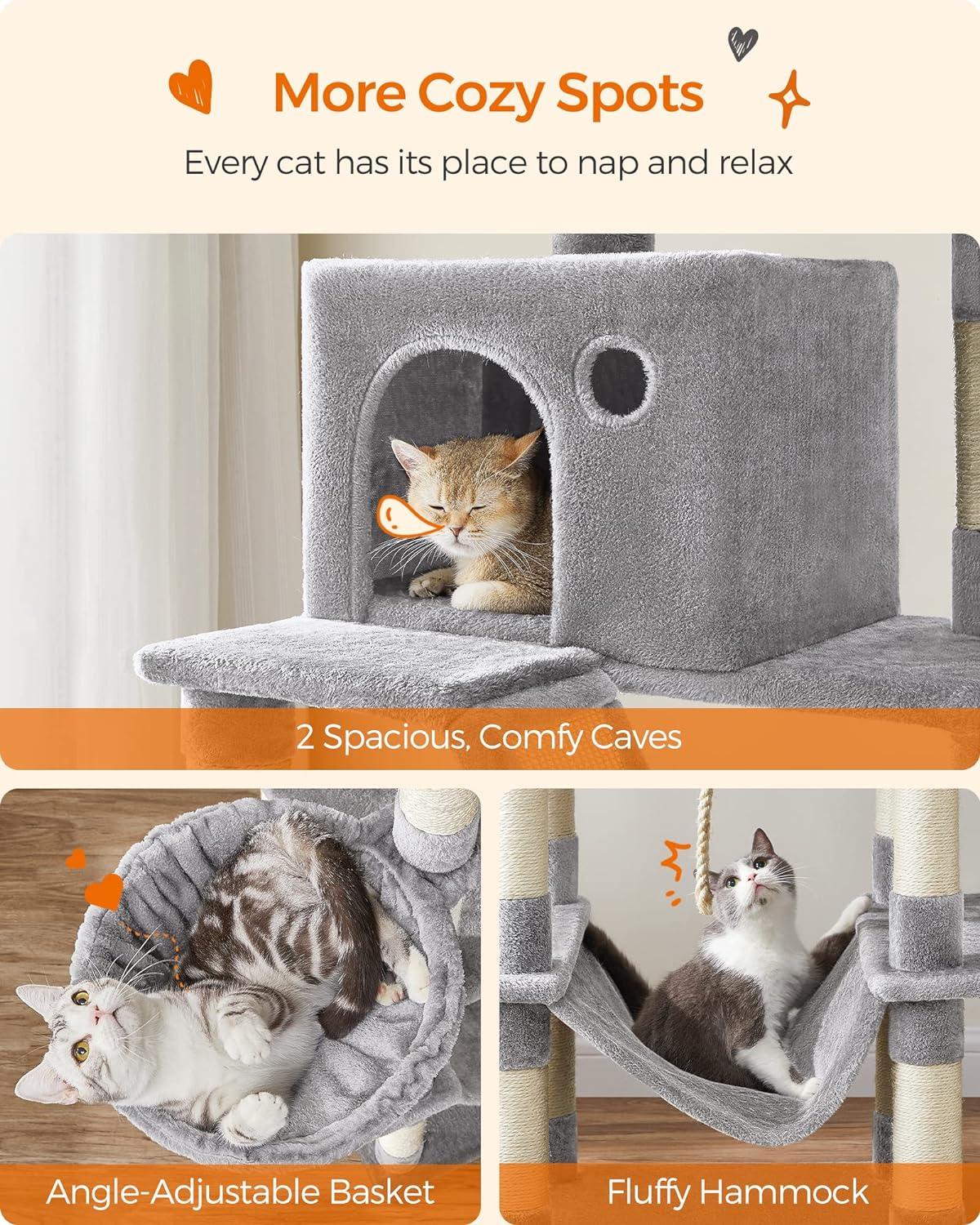 81.1"H Cat Tree Cat Tower for Indoor Cats, Plush Multi-Level Cat Condo with Scratching Posts, Perches, Caves, Hammock, Light Gray