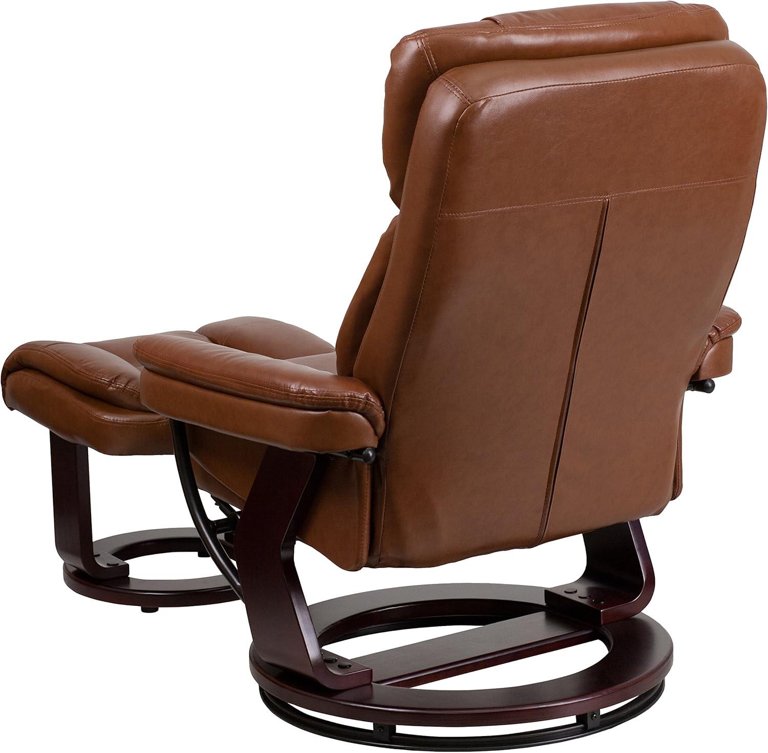 Flash Furniture Contemporary Multi-Position Recliner and Curved Ottoman with Swivel Mahogany Wood Base