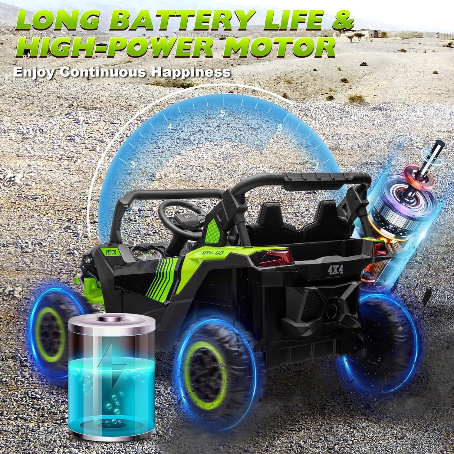 24V Ride on Car 2 Seater Ride on UTV 4X4 Off-Road UTV for Kids 4X200W Powerful Motor Kids' Electric Vehicles with Remote Control, Spring Suspension, Led Light, Bluetooth Music, Green