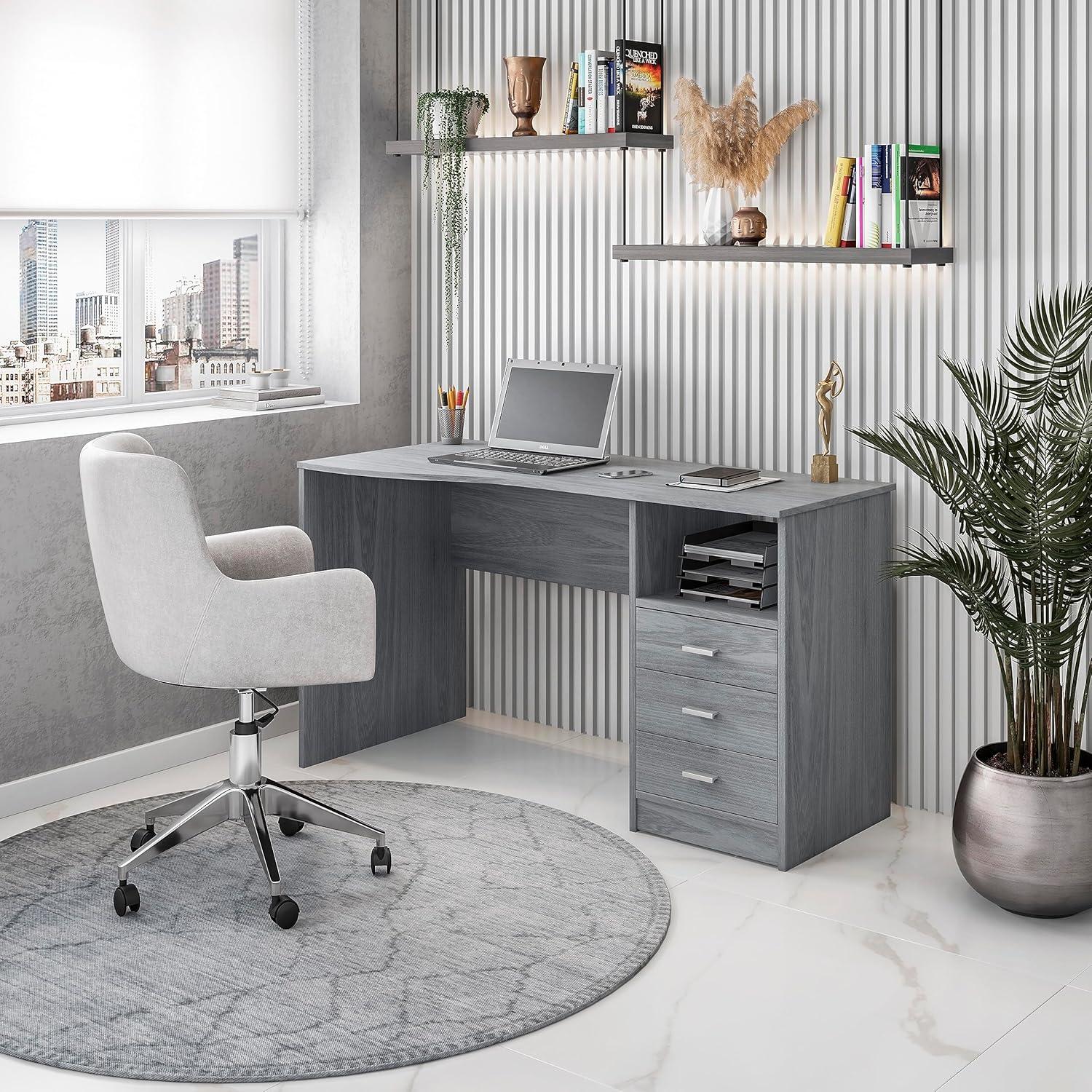 Elegant Gray Wood Computer Desk with Storage Drawers