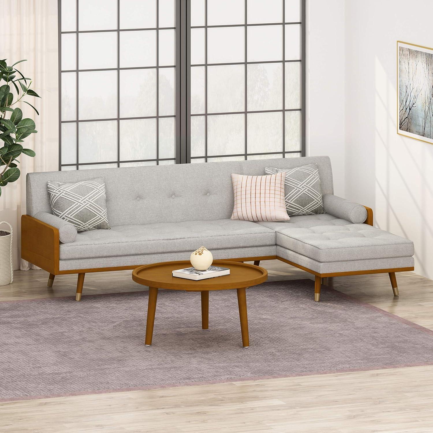 Beige Tufted Fabric Mid-Century Modern Sectional Sofa with Dark Walnut Frame