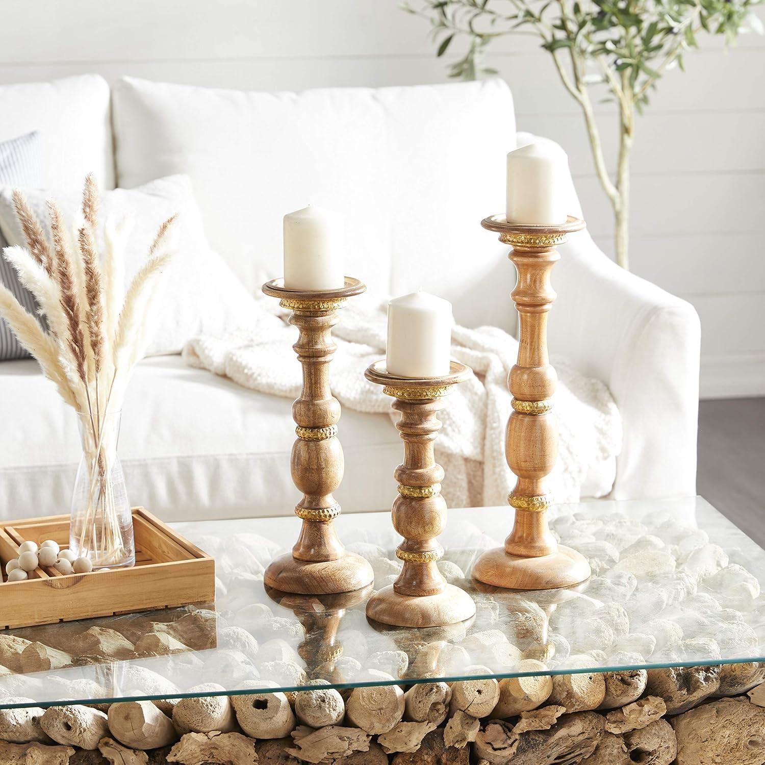 Mocha Mango Wood Candlestick Trio with Brass Accents