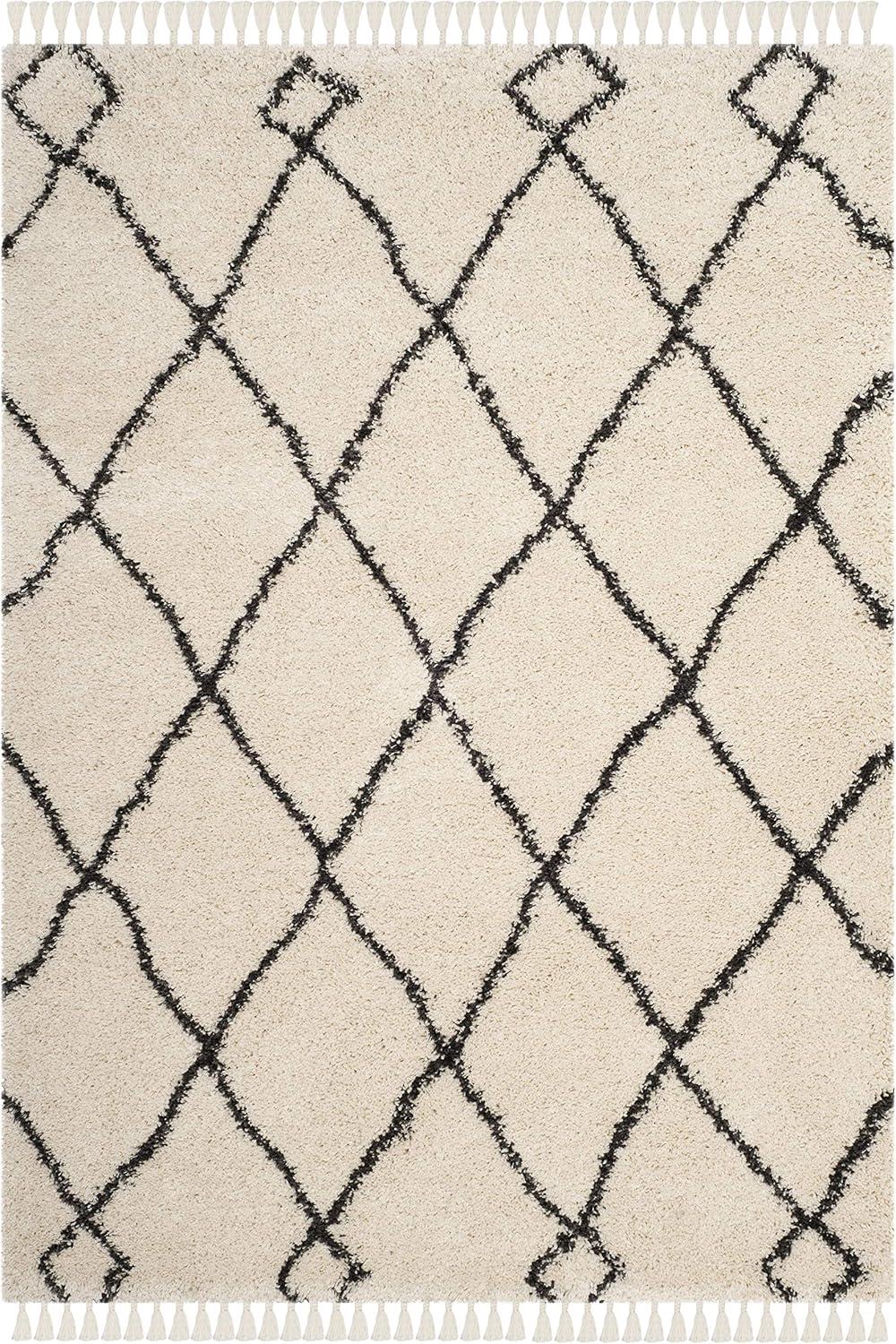 SAFAVIEH Moroccan Fringe Lavern Geometric Shag Area Rug, Cream/Charcoal, 4' x 6'