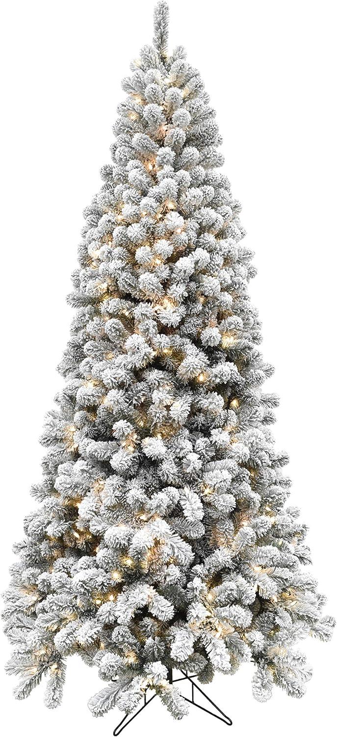 Fraser Hill Farm 7.5-Ft. Alaskan Pine Flocked Artificial Christmas Tree with Warm White LED Lights