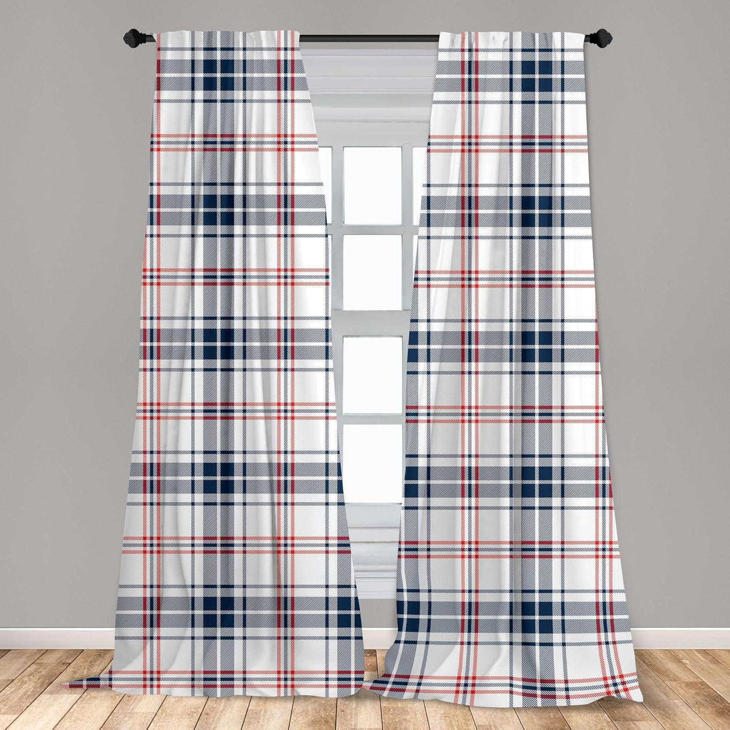 Ambesonne Plaid Curtains, British Country Pattern, Pair of 28"x84", Vermilion Navy Blue