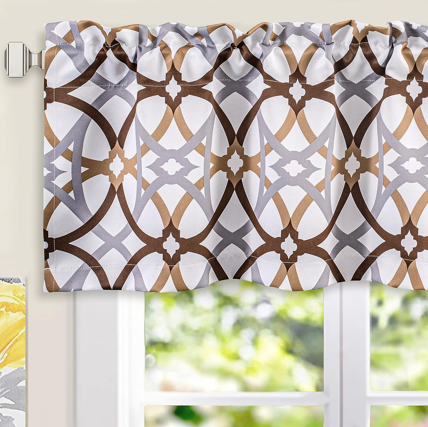DriftAway Alexander Spiral Geo Trellis Pattern Window Curtain Valance Rod Pocket 52" x 18" Plus 2" Header, Brown, 1 Pack