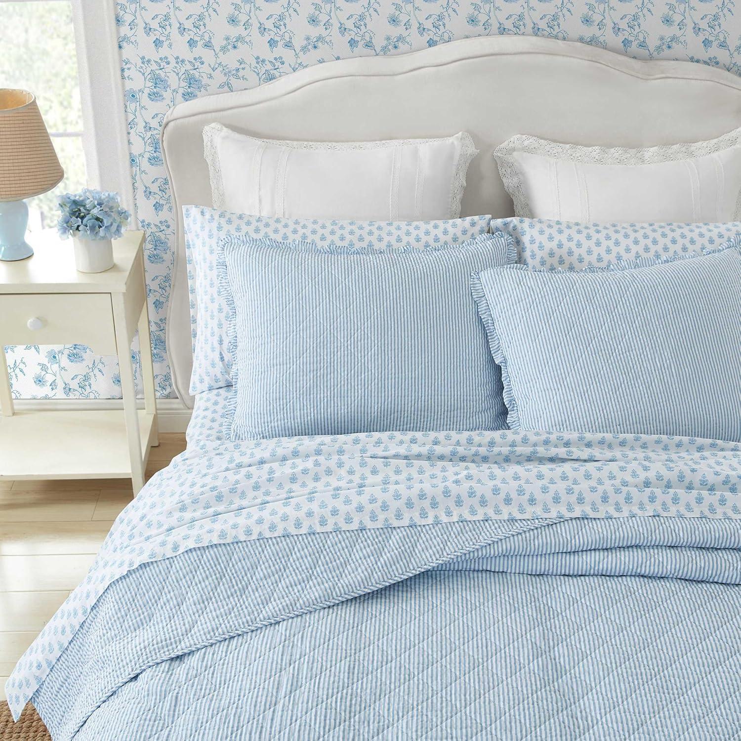 Laura Ashley Oxford Stripe Blue Cotton Reversible Quilt Set