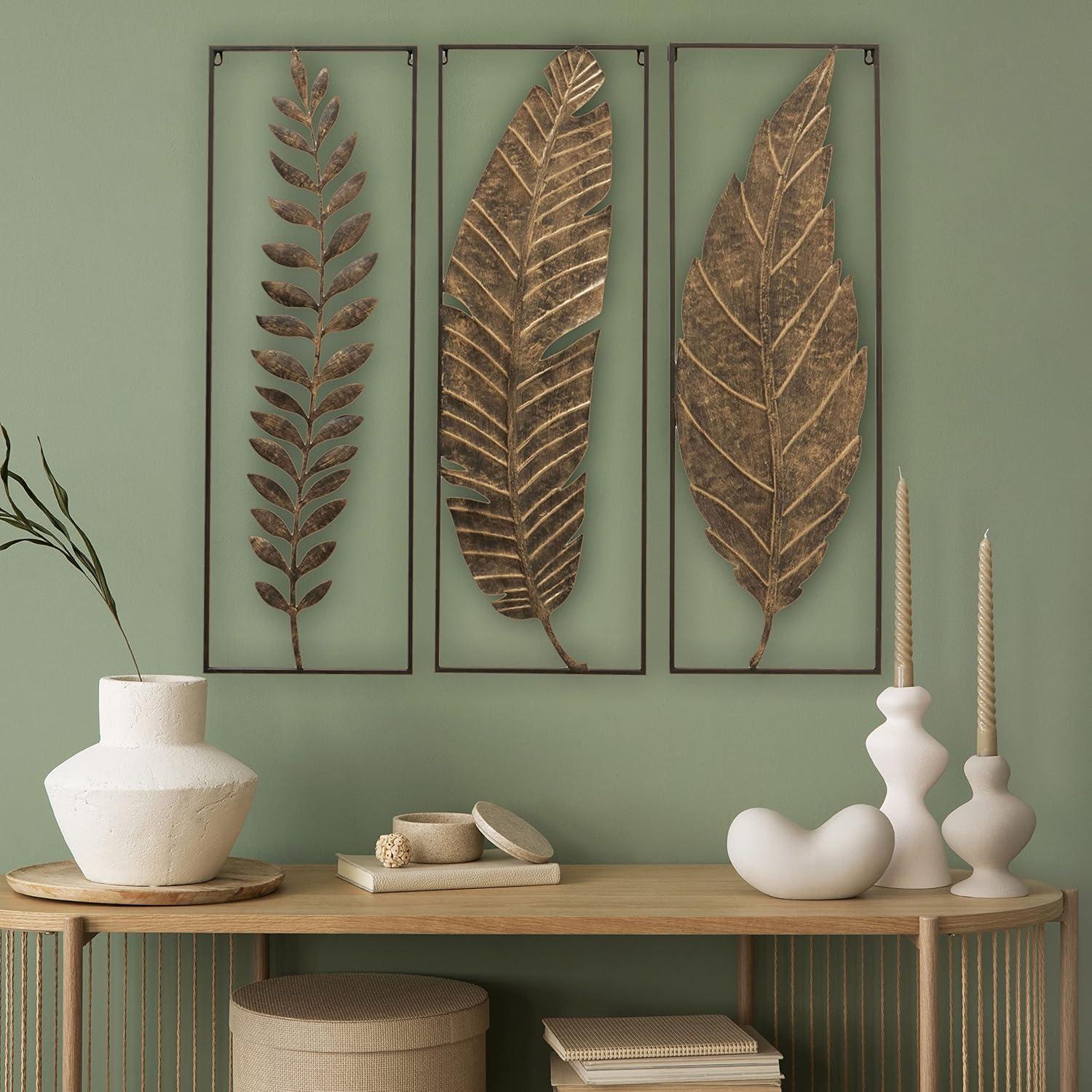 Modernist Abstract Leaf Wall Sculptures, Set of 3, Lacquered Antique Golden Gilt Over Metal, Black Frames, Brushed Tonal Finish, Cut-Out Details,