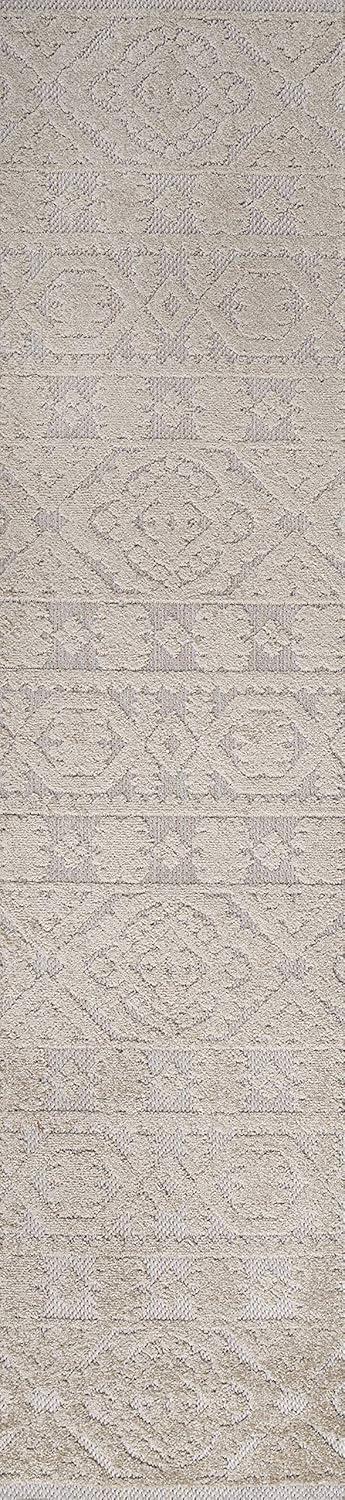 Ivory Geometric Mediterranean Tile 2 x 8 Indoor/Outdoor Runner Rug