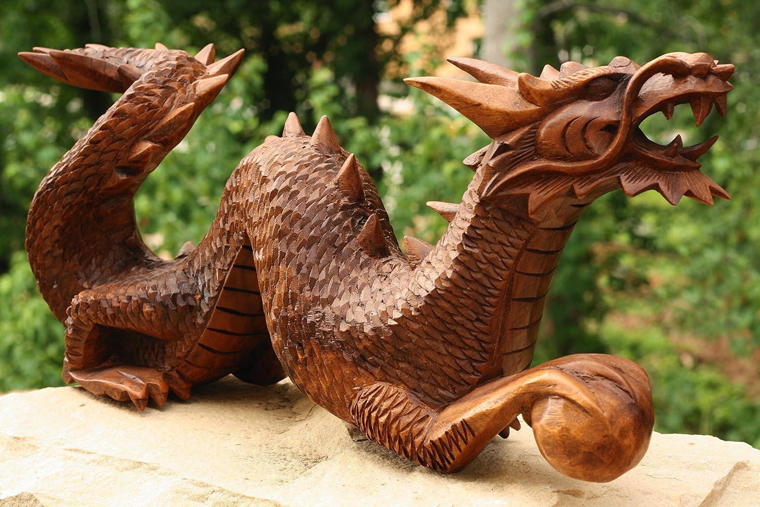 Handcrafted Suar Wood Dragon Statue, 12" Long