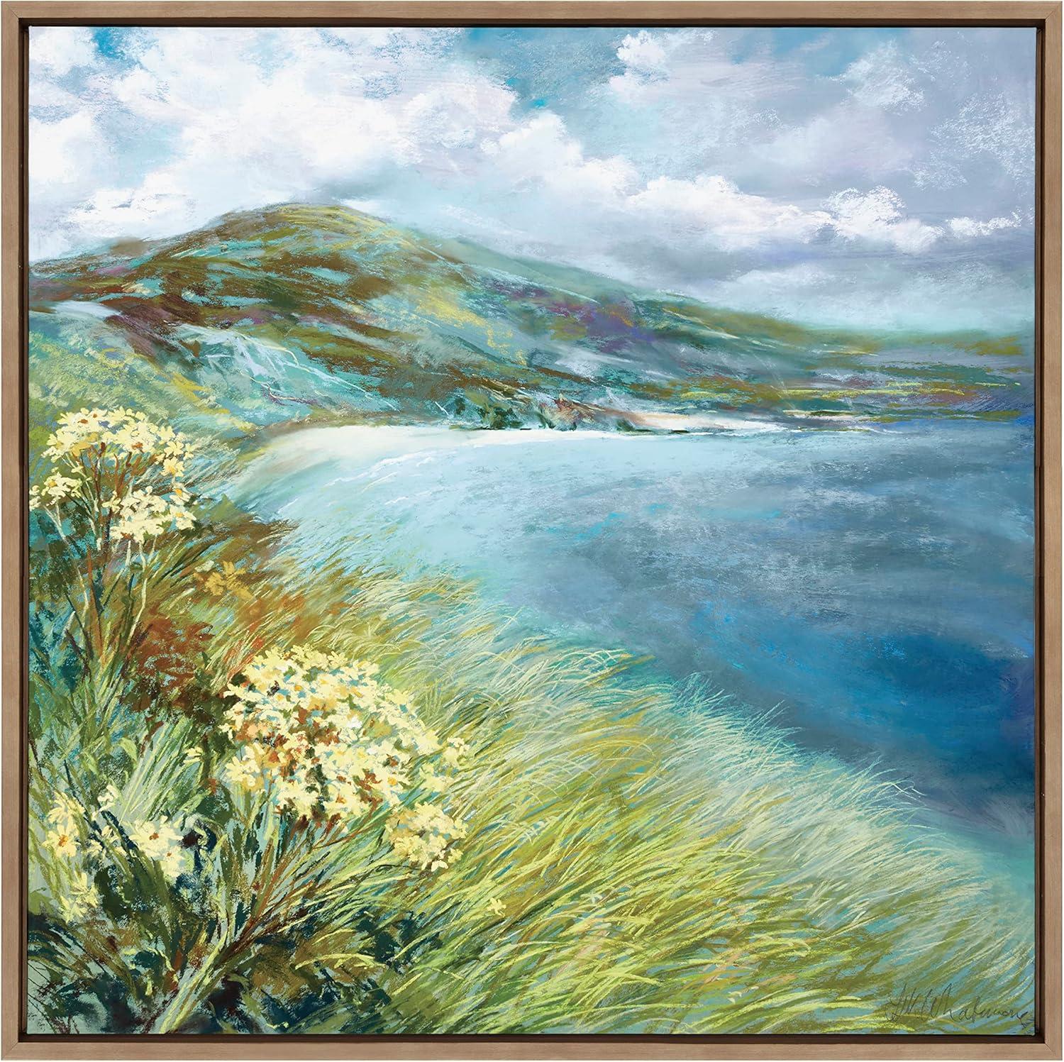 Kate and Laurel Sylvie Emerald Isle Ring of Kerry Framed Canvas Wall Art by Nel Whatmore, 30x30 Gold, Beach Mountain Landscape Art for Wall Home Decor