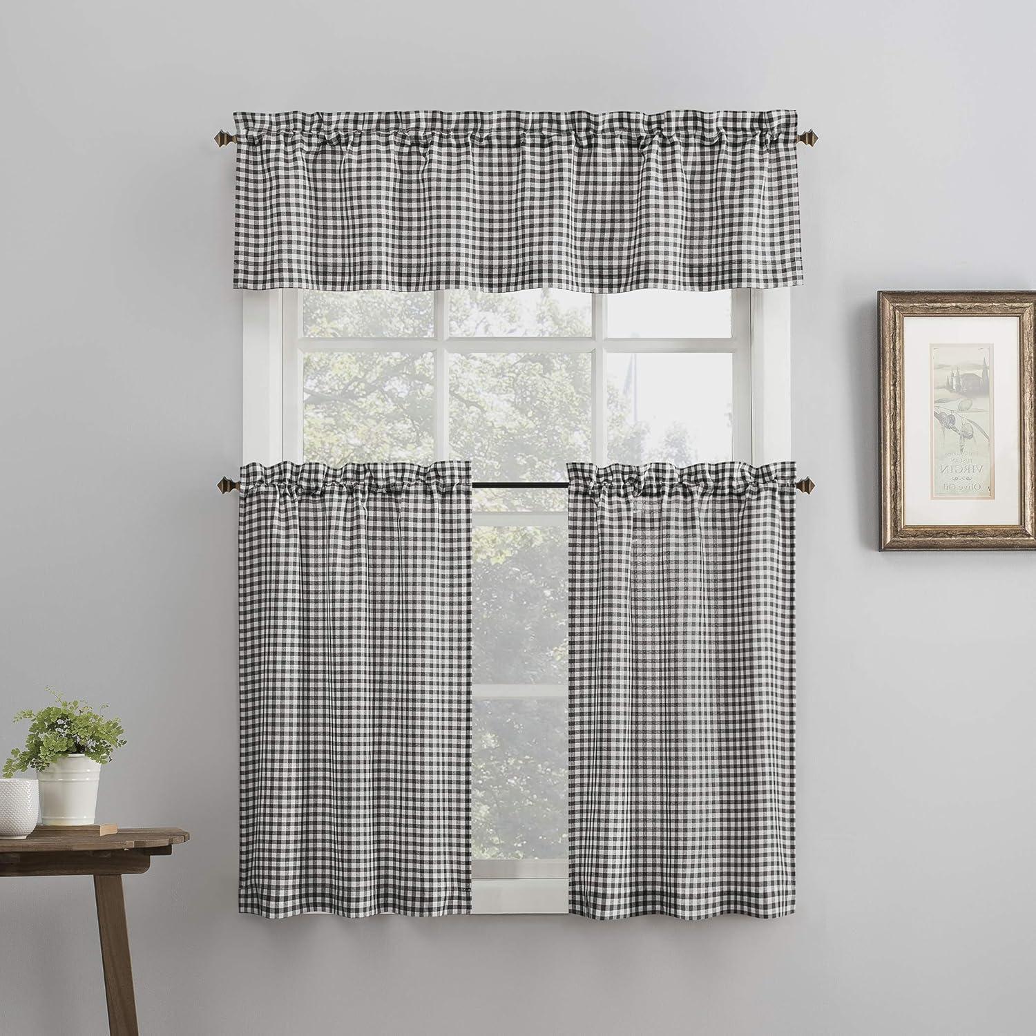 Parkham Black and White Plaid Semi-Sheer Kitchen Curtain Set