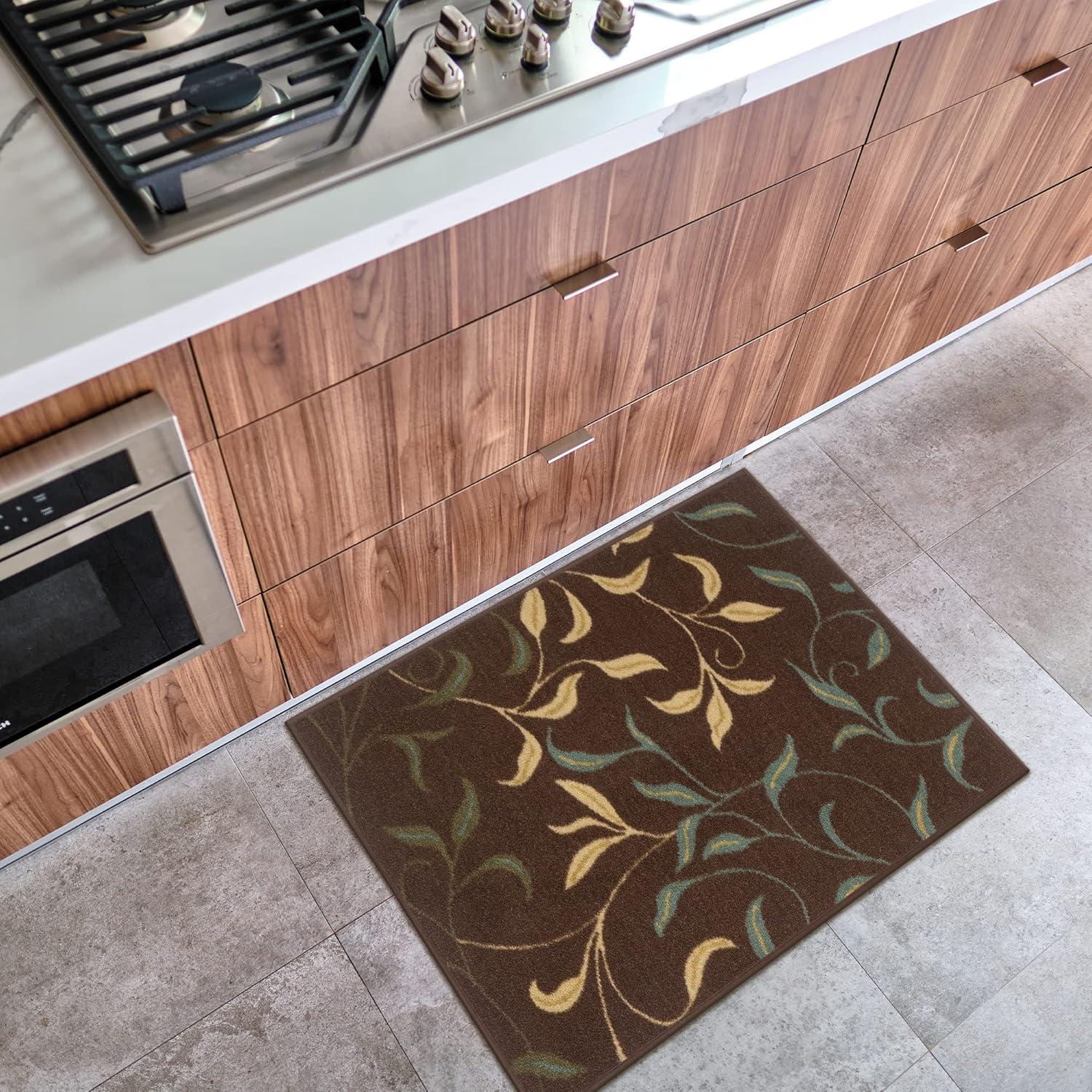 Ottohome Non-Slip Leaves Area Rug For Living Room, Hallway Runner, Entryway Rug, Brown