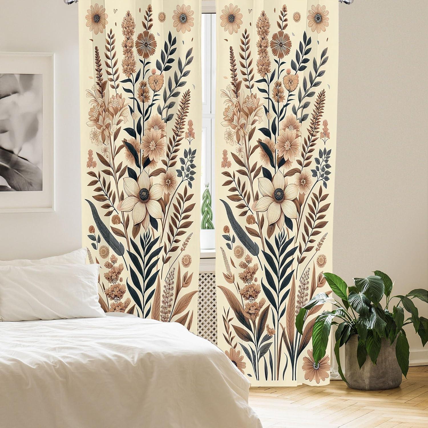 Ambesonne Vintage Floral Curtains 2 Panel Set, Garden of Nostalgia, Pair of - 28" x 95", Eggshell Umber Slate Blue
