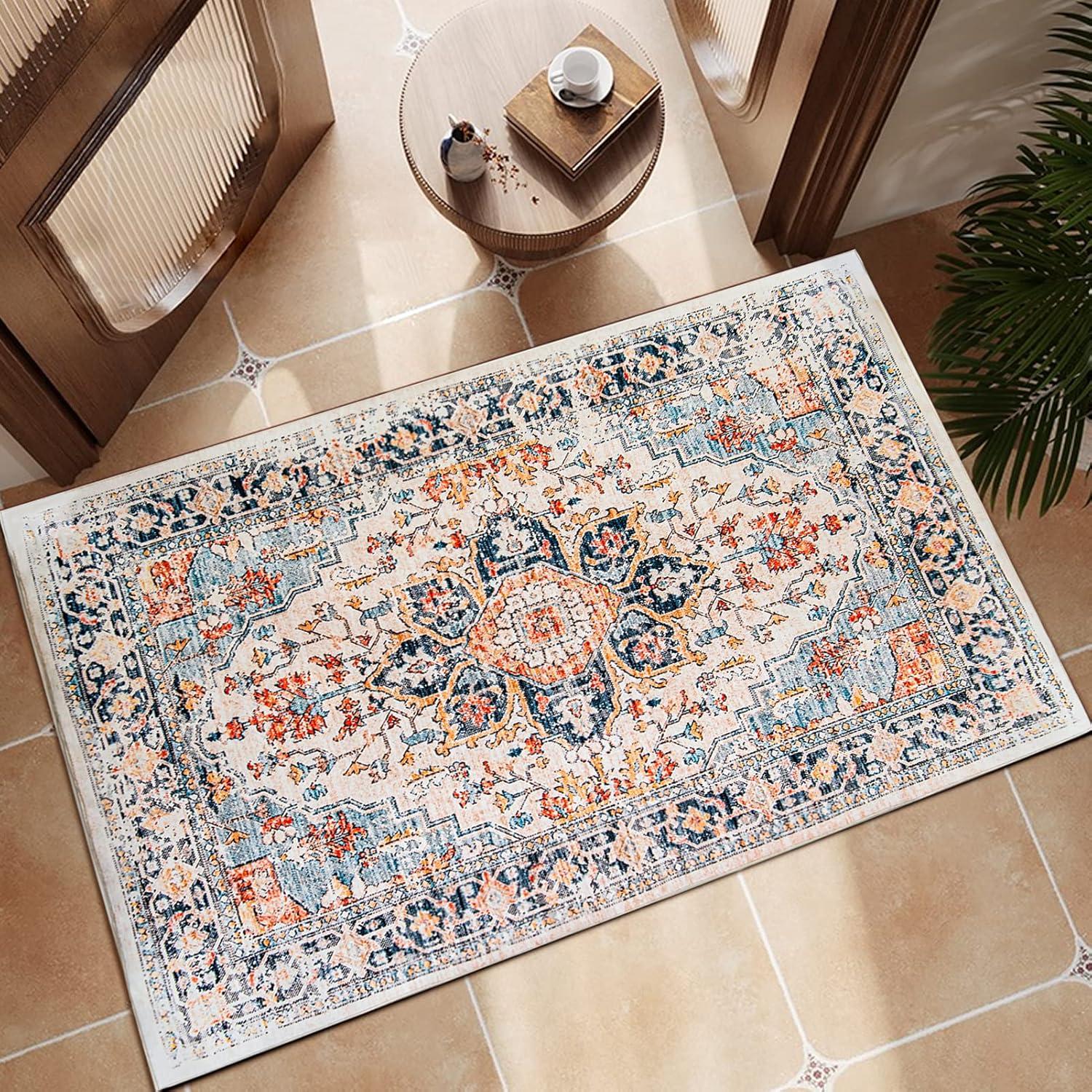 VK VK·LIVING 9x12 Area Rug Washable Rugs for Living Room Rug Vintage Design Boho Rug with Non Slip Living Room Rug Bedroom Carpet Stain Resistant, Home Decor, Blue&Orange