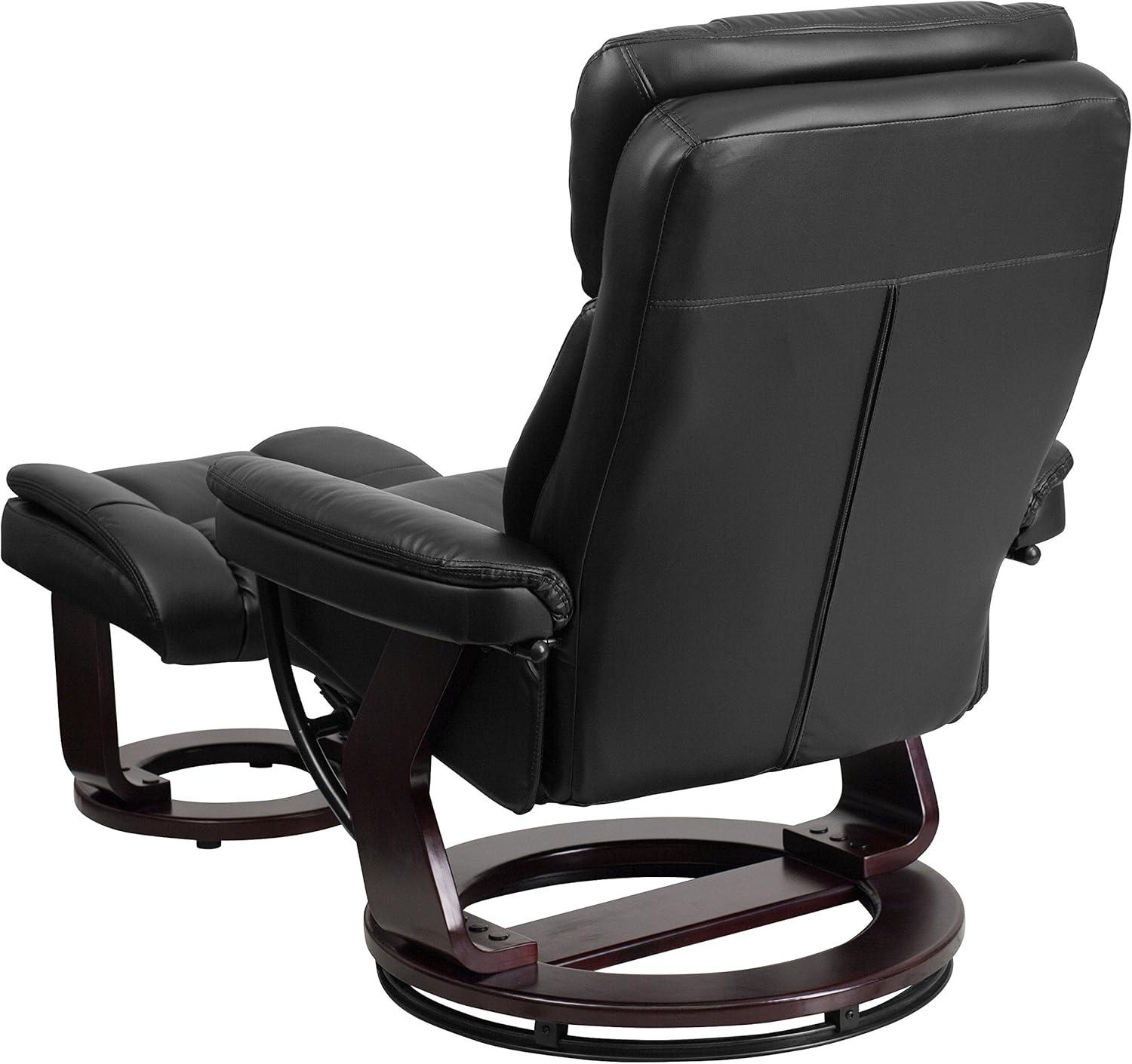 Flash Furniture Contemporary Multi-Position Recliner and Curved Ottoman with Swivel Mahogany Wood Base in Black LeatherSoft