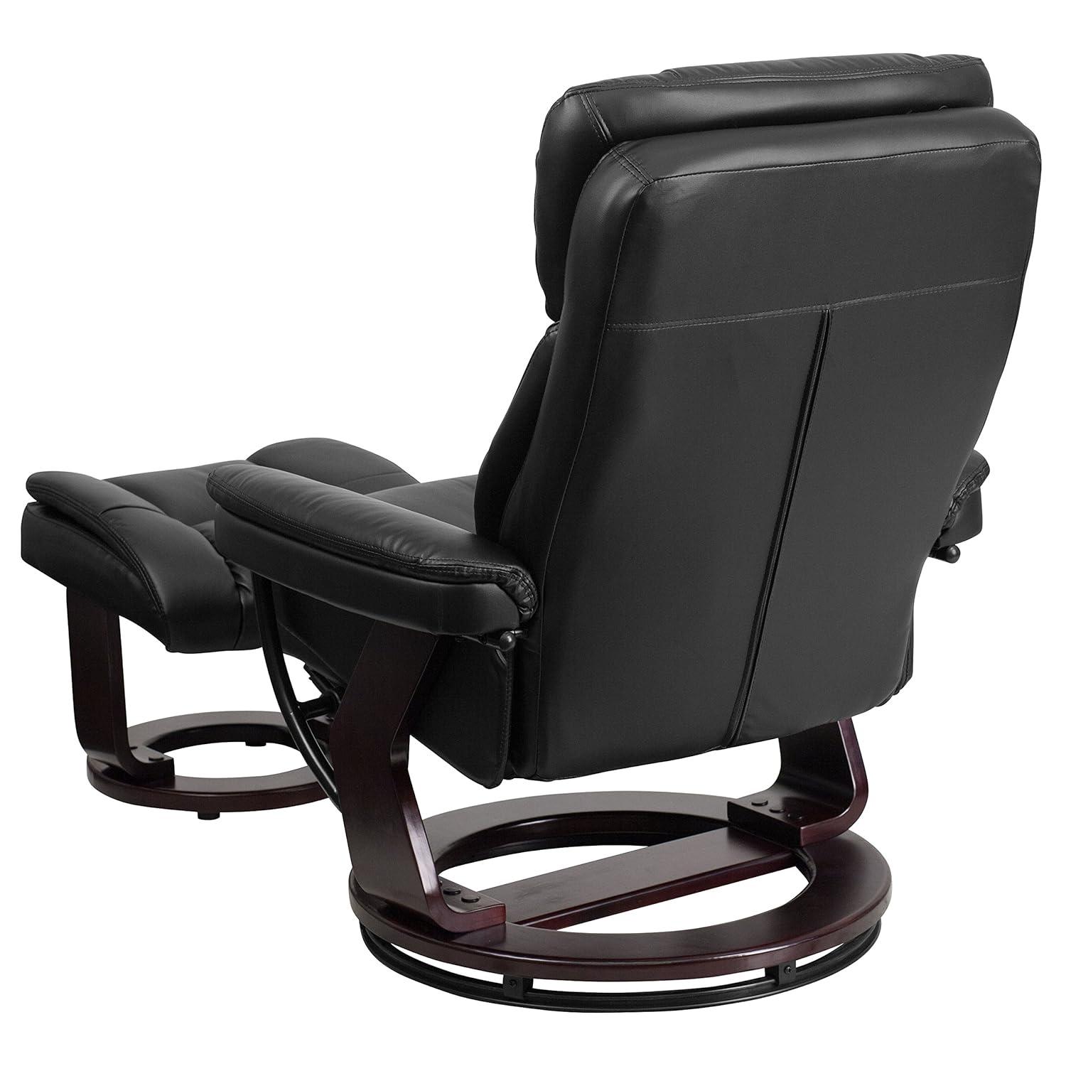 Flash Furniture Contemporary Multi-Position Recliner and Curved Ottoman with Swivel Mahogany Wood Base in Black LeatherSoft