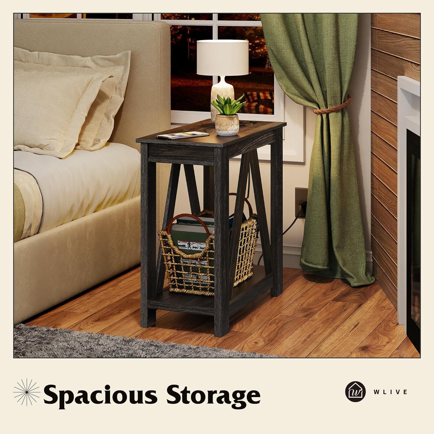 Charcoal Black Wooden End Table with Charging Station and Open Shelf