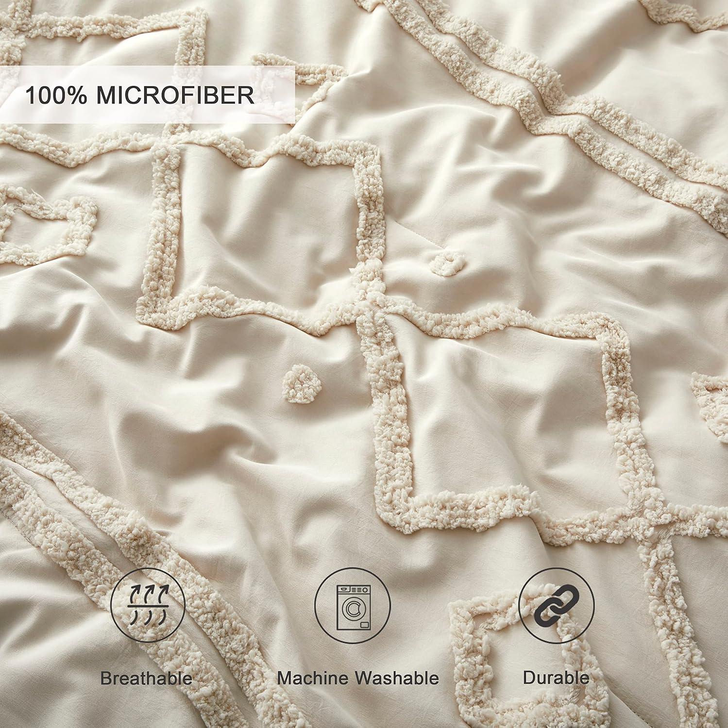 Cream Tufted Jacquard Queen Comforter Set with Pillowcases