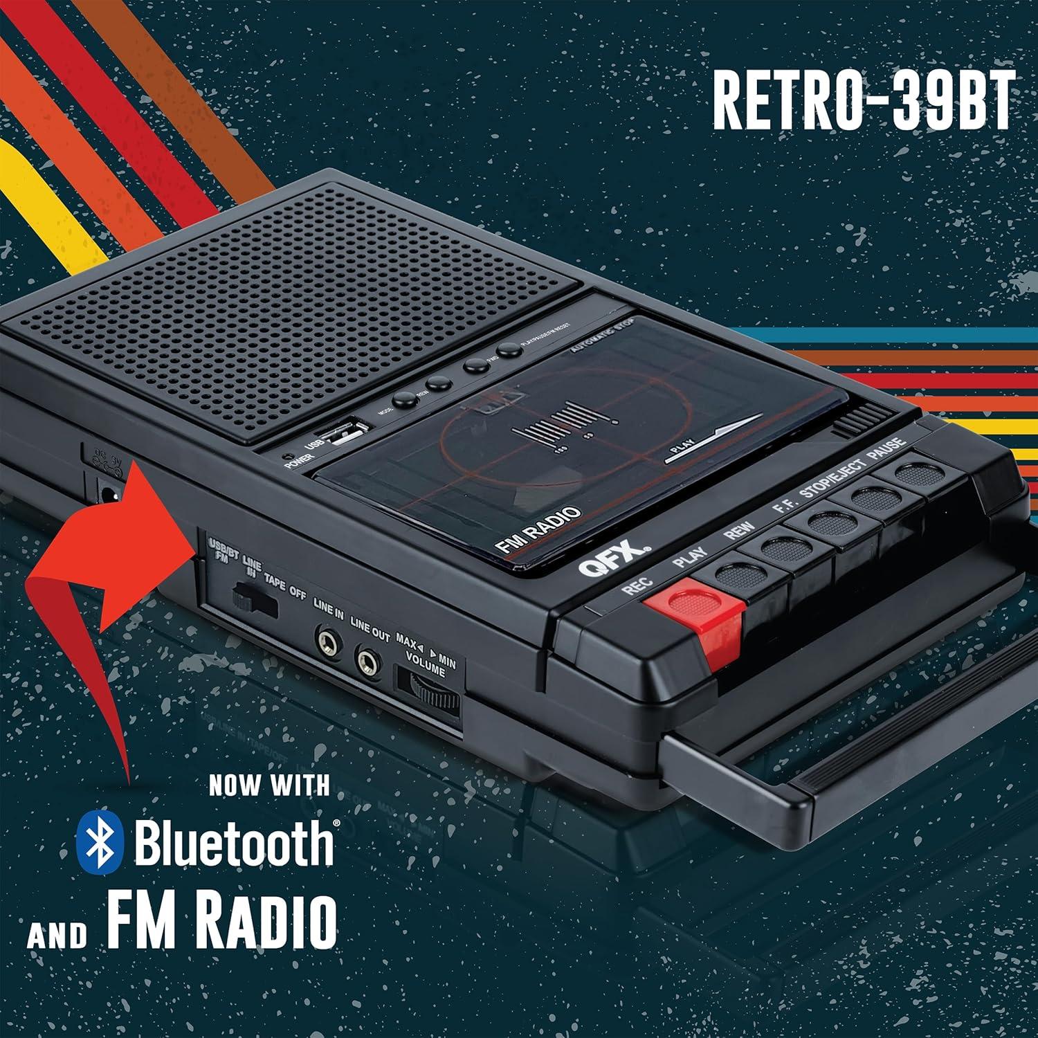 QFX Retro-39BT Shoebox-Style Cassette Player/Recorder with Bluetooth, FM Radio, USB input, Black