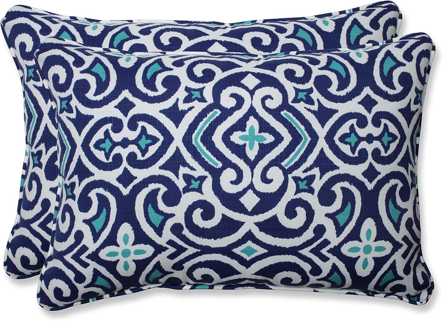 Blue and White Damask Outdoor Lumbar Pillow Set