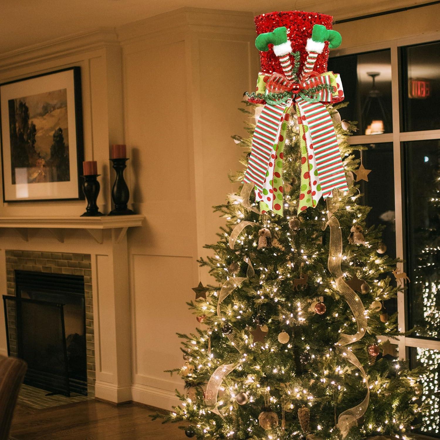 Matoen Christmas Tree Topper Hat, Large Red Velvet Hat with Elf Legs and Lengthened Bowknot Christmas Tree Decorations Tabletop Ornaments for Holiday Home Decor