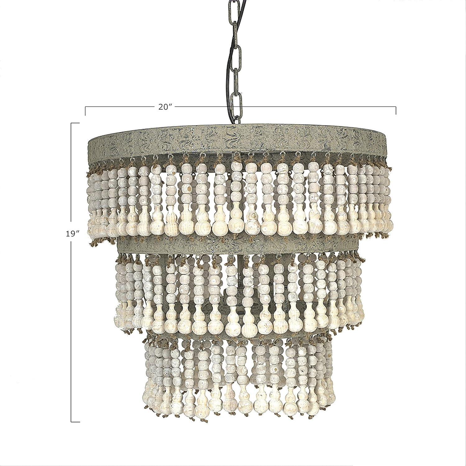 3-Tier Round Metal Chandelier with 3 Lights and Hanging Wood Beads Cream - Storied Home: Antique Bohemian Ceiling Fixture, UL Listed