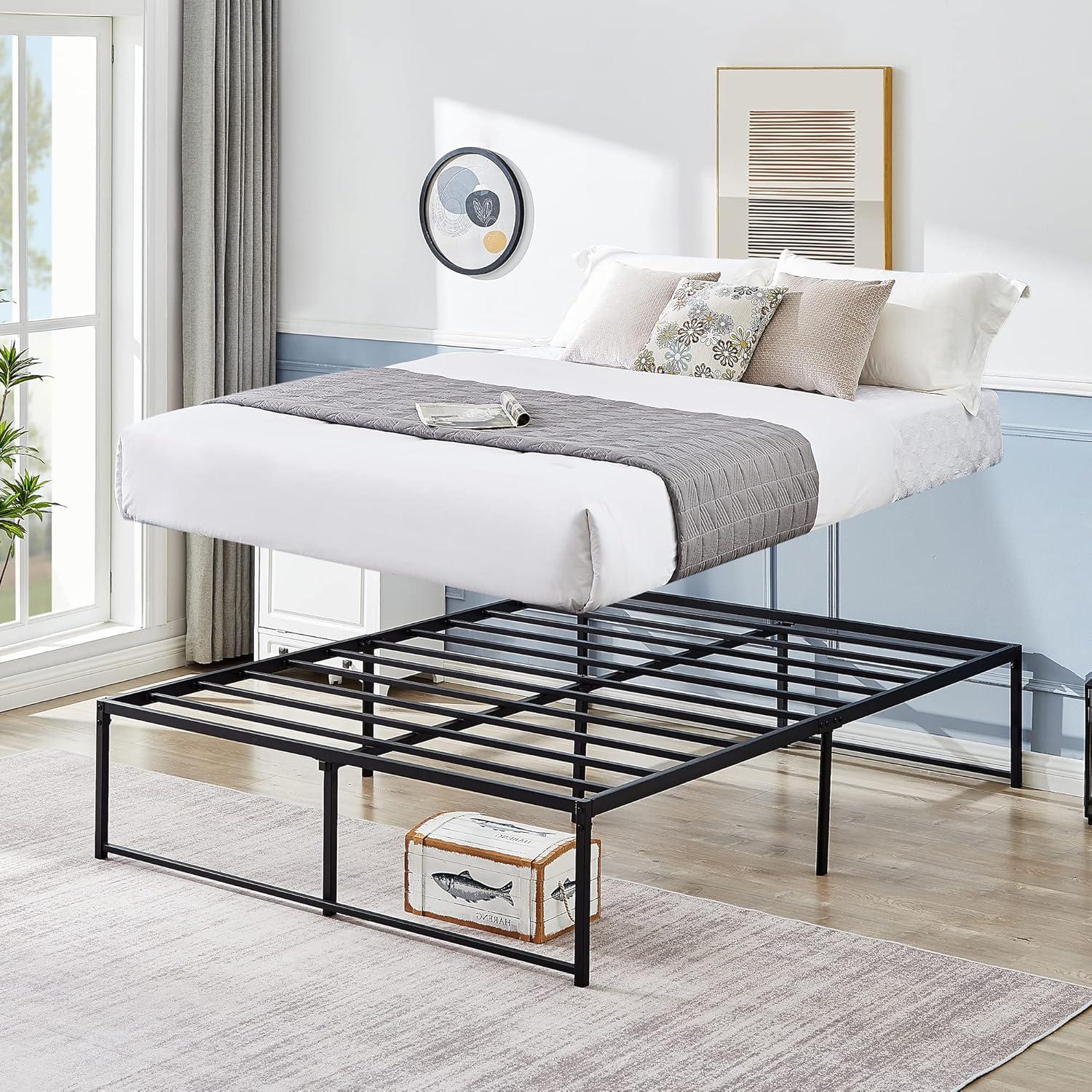 VECELO 16 Inch Queen Metal Platform Bed Frame, Heavy Duty Metal Bed with Under-bed Storage, No Box Spring Needed, Black