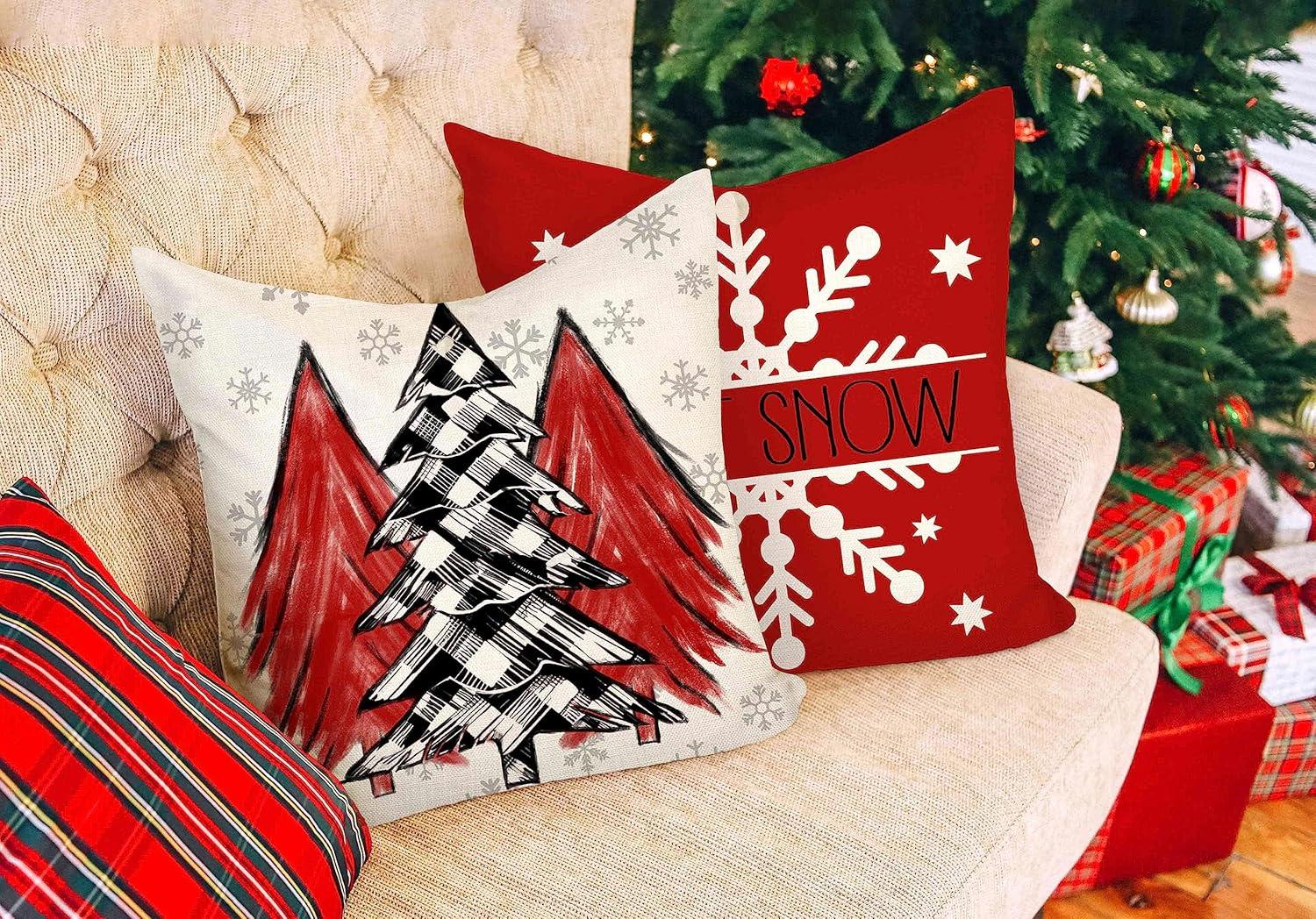 BEAUTY Merry Christmas Throw Pillow Covers 18 x 18 Inch Set of 4  Red Barn Merry & Bright Xmas Farmhouse Holiday Pillowcases for Home Outdoor Decoration CP053-18