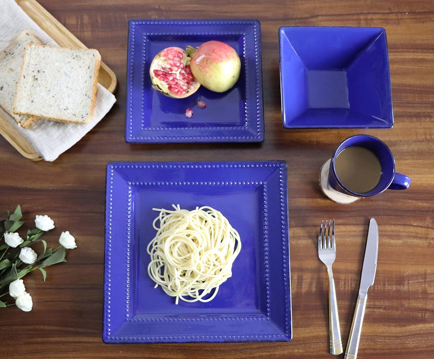 16 Piece Blue Ceramic Square Beaded Dinnerware Set