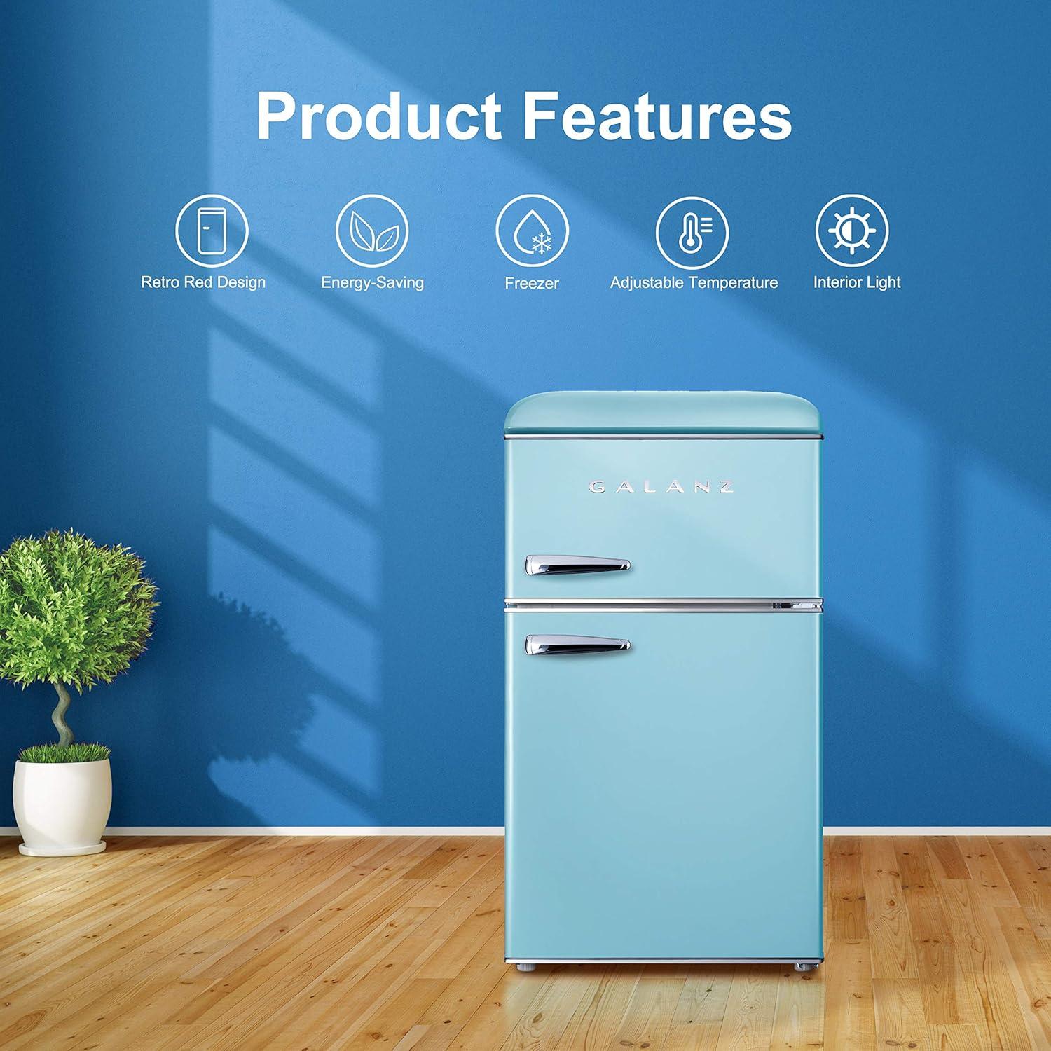 Retro Blue Compact Double Door Mini Fridge with Freezer