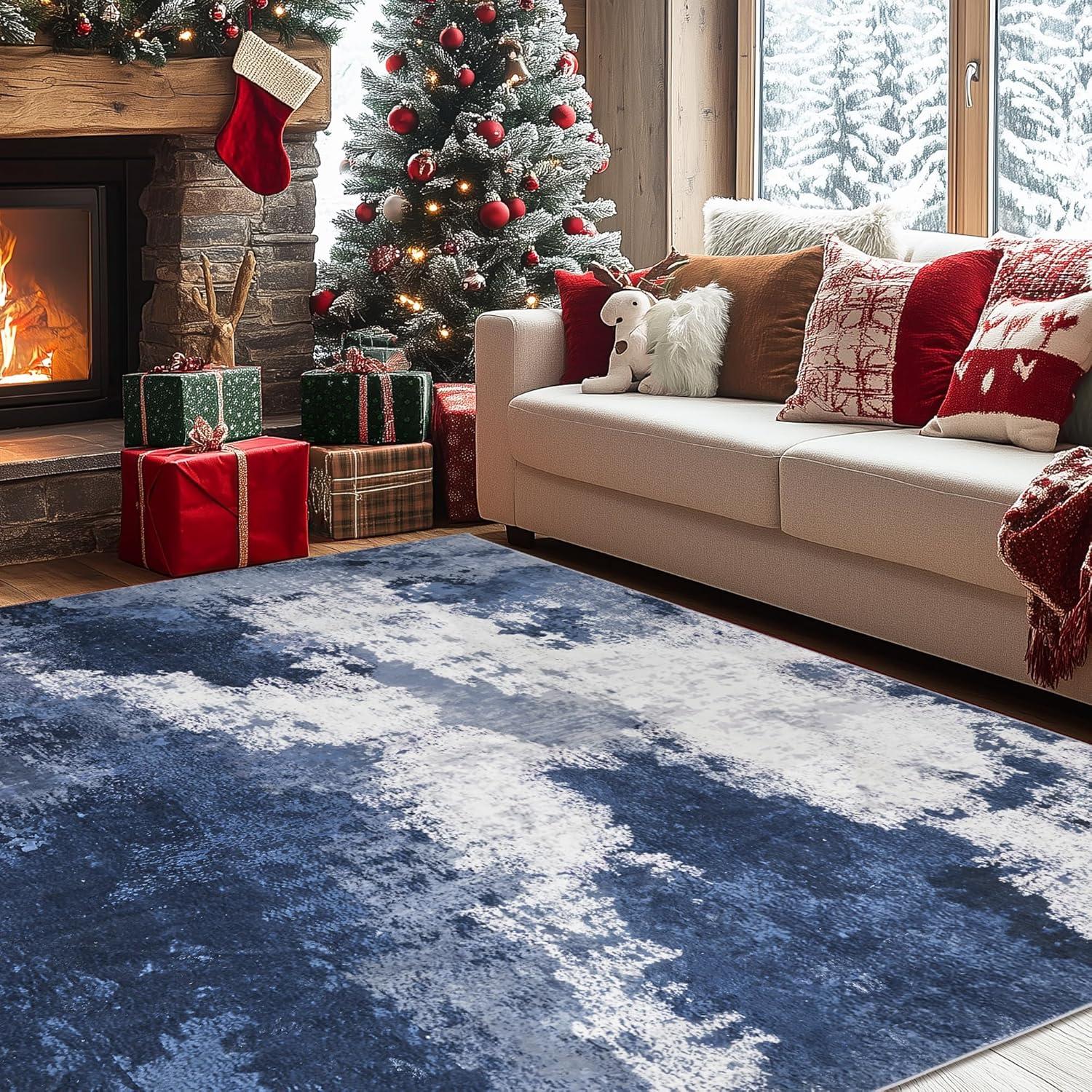 Garvee 5'x7' Modern Blue Abstract Area Rug Machine Washable Contemporary Rug Soft Foldable Thin Accent Rug Anti-Slip Non-Shedding Floor Carpet
