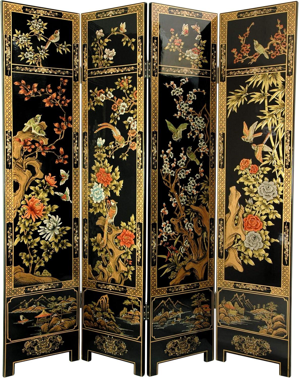 Hand-Painted Black and Gold Four-Panel Room Divider