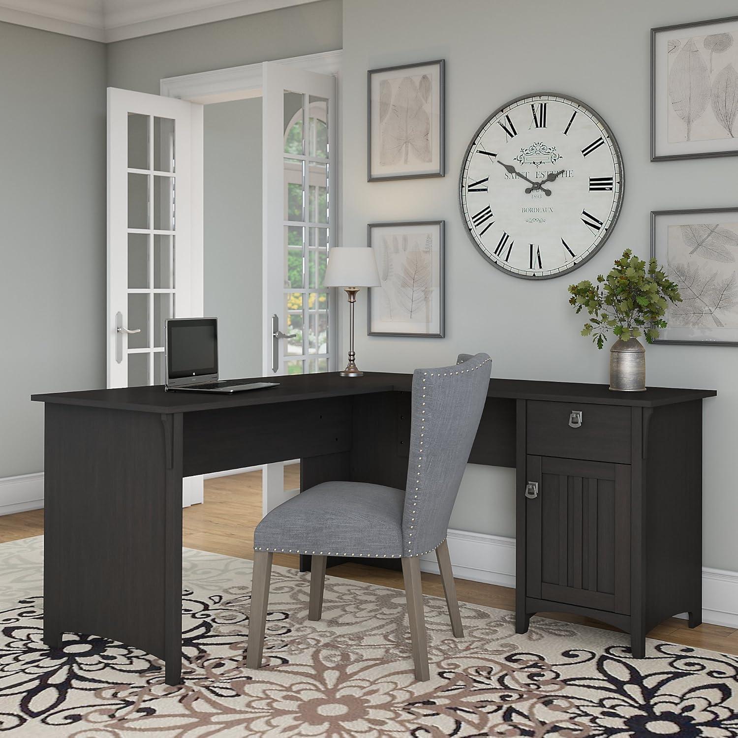 Vintage Black Wood Corner Computer Desk with Drawer and Filing Cabinet