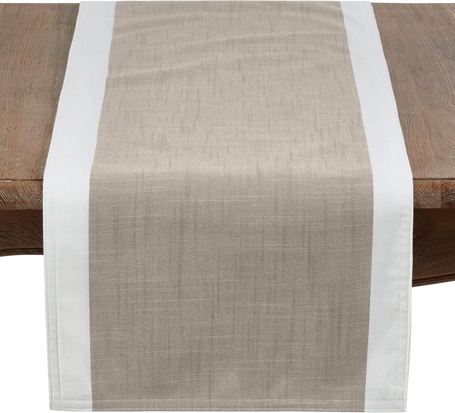 Beige and White Polyester Table Runner with Trim Embellishment