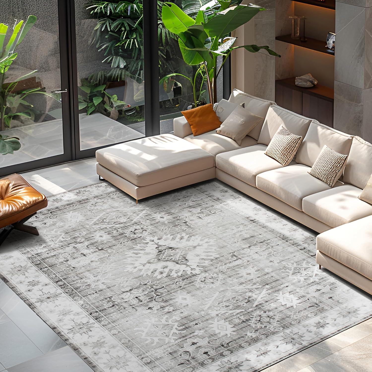 ABYNOW 6x9 Area Rug – Machine Washable, Soft Modern Abstract Carpet for Living Room & Bedroom with Non-Slip Backing, Grey