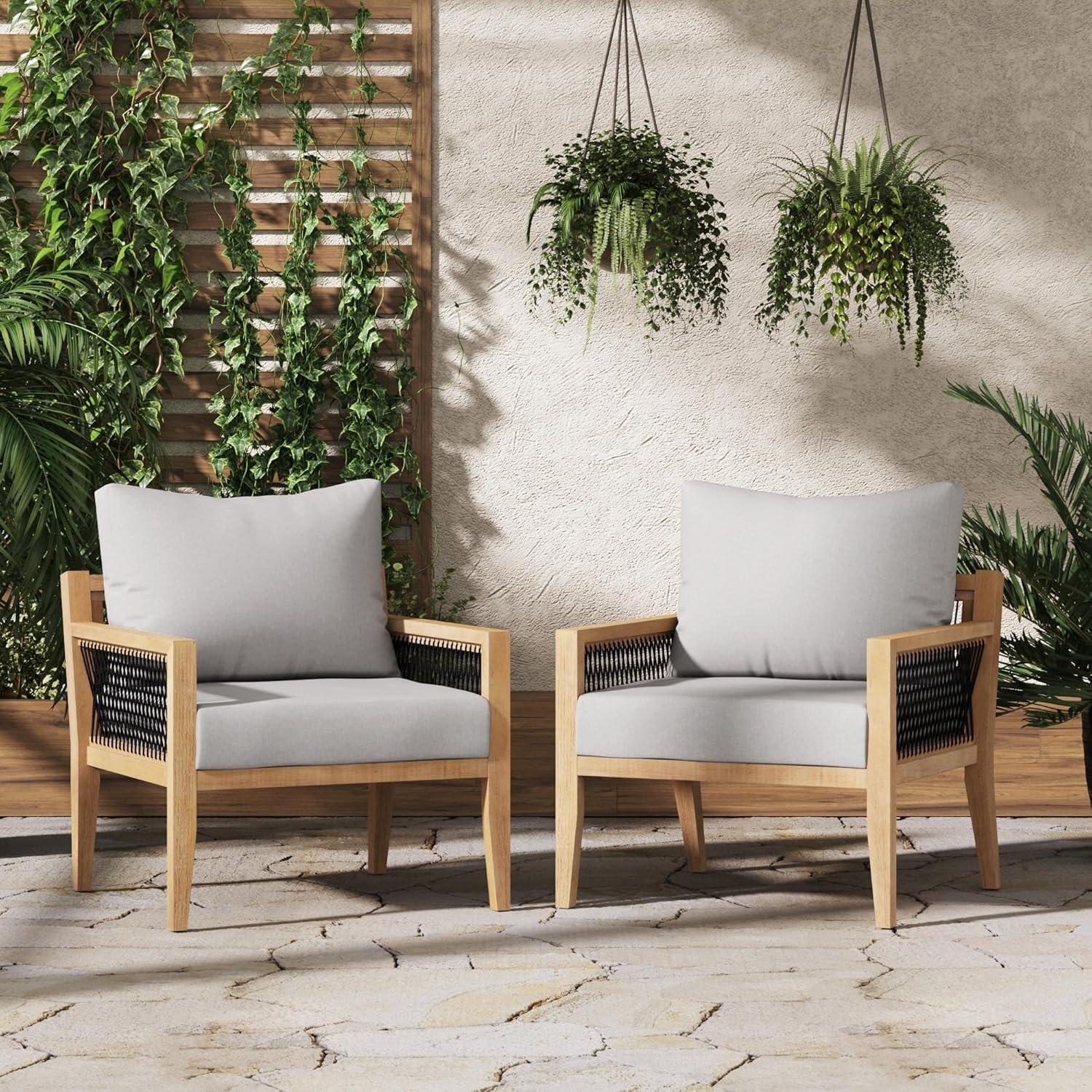 Freya Bohemian Acacia Wood Outdoor Armchairs with Cushions, Set of 2