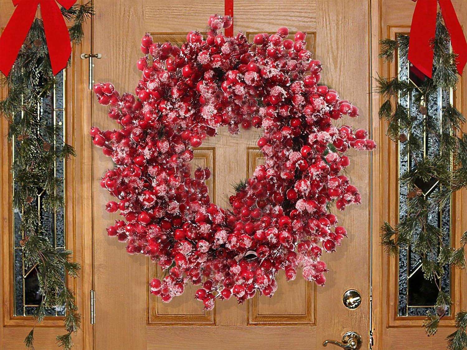 19" Red Frosted Berry Christmas Wreath with Hawthorn Branches