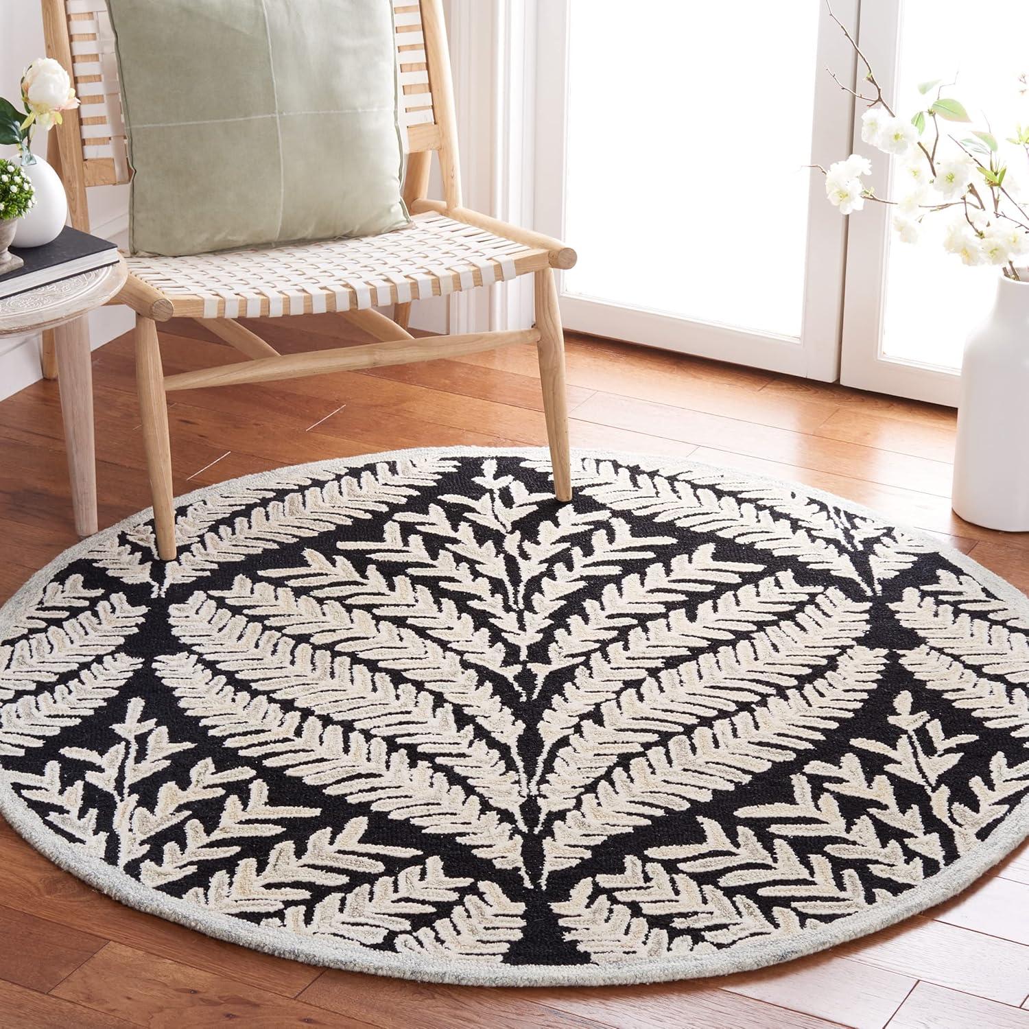 SAFAVIEH Capri Proinsias Leaves Wool Area Rug, Black/Ivory, 3' x 3' Round