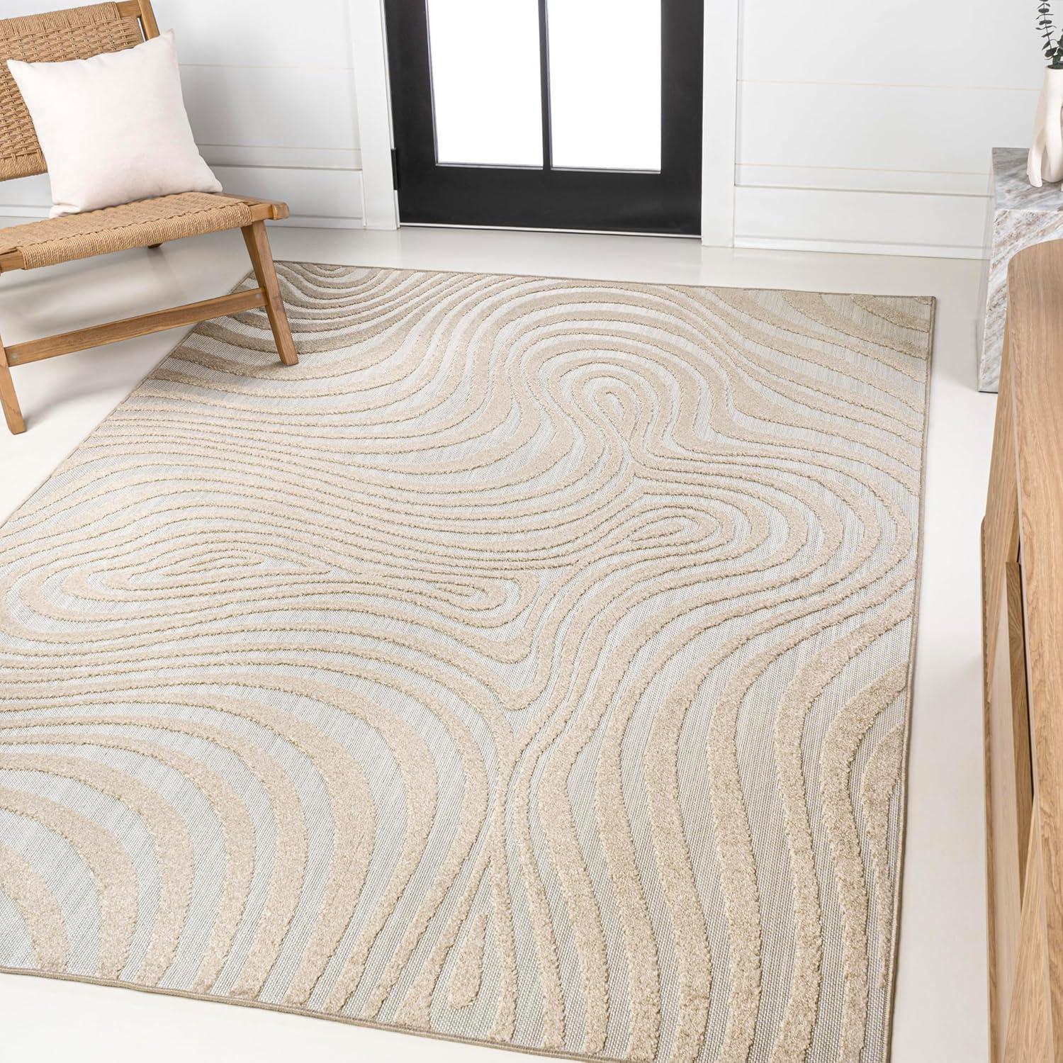 Beige and Cream Striped Synthetic 8' x 10' Reversible Rug