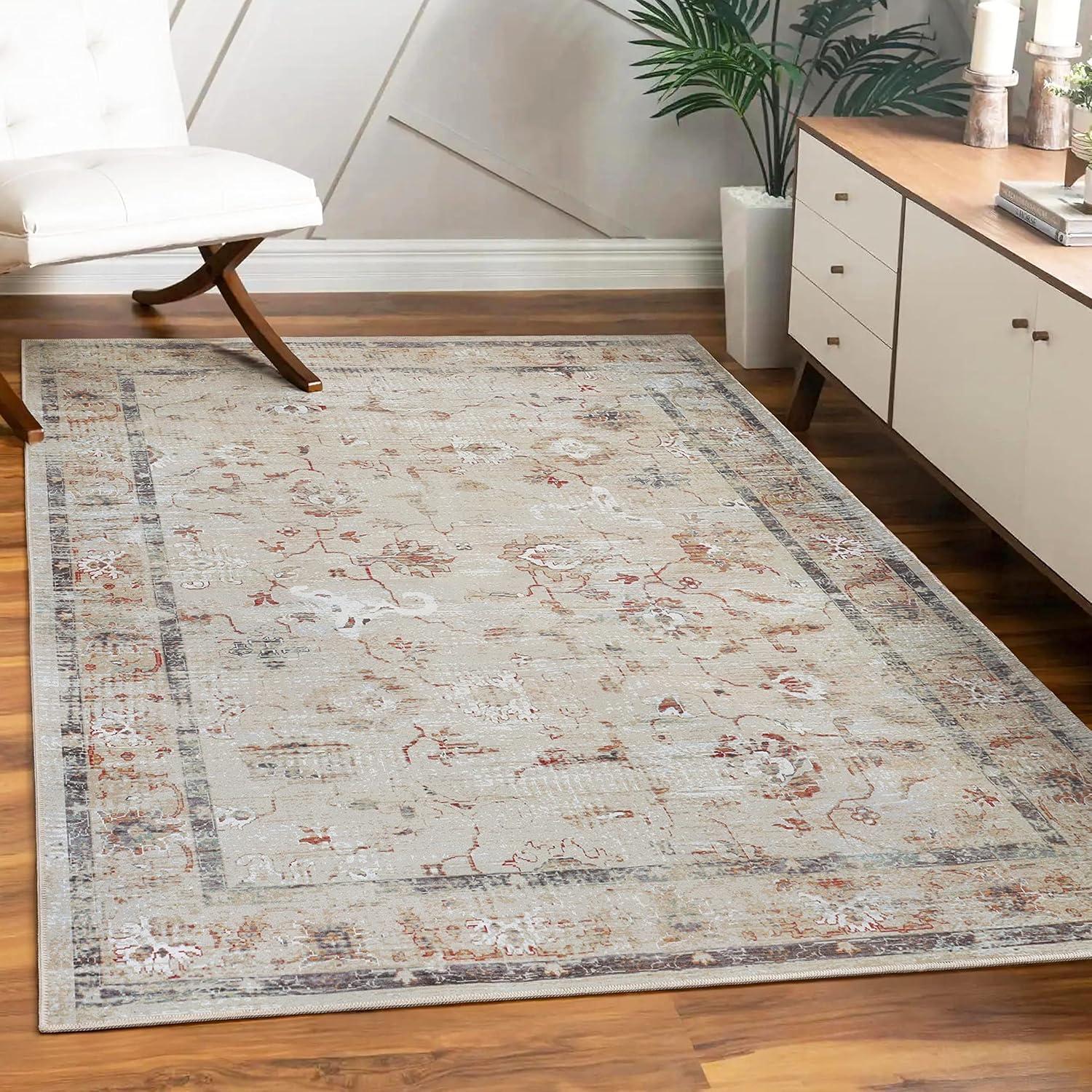 Elegant Swan Blue Floral Synthetic Washable Area Rug, 4' x 6'