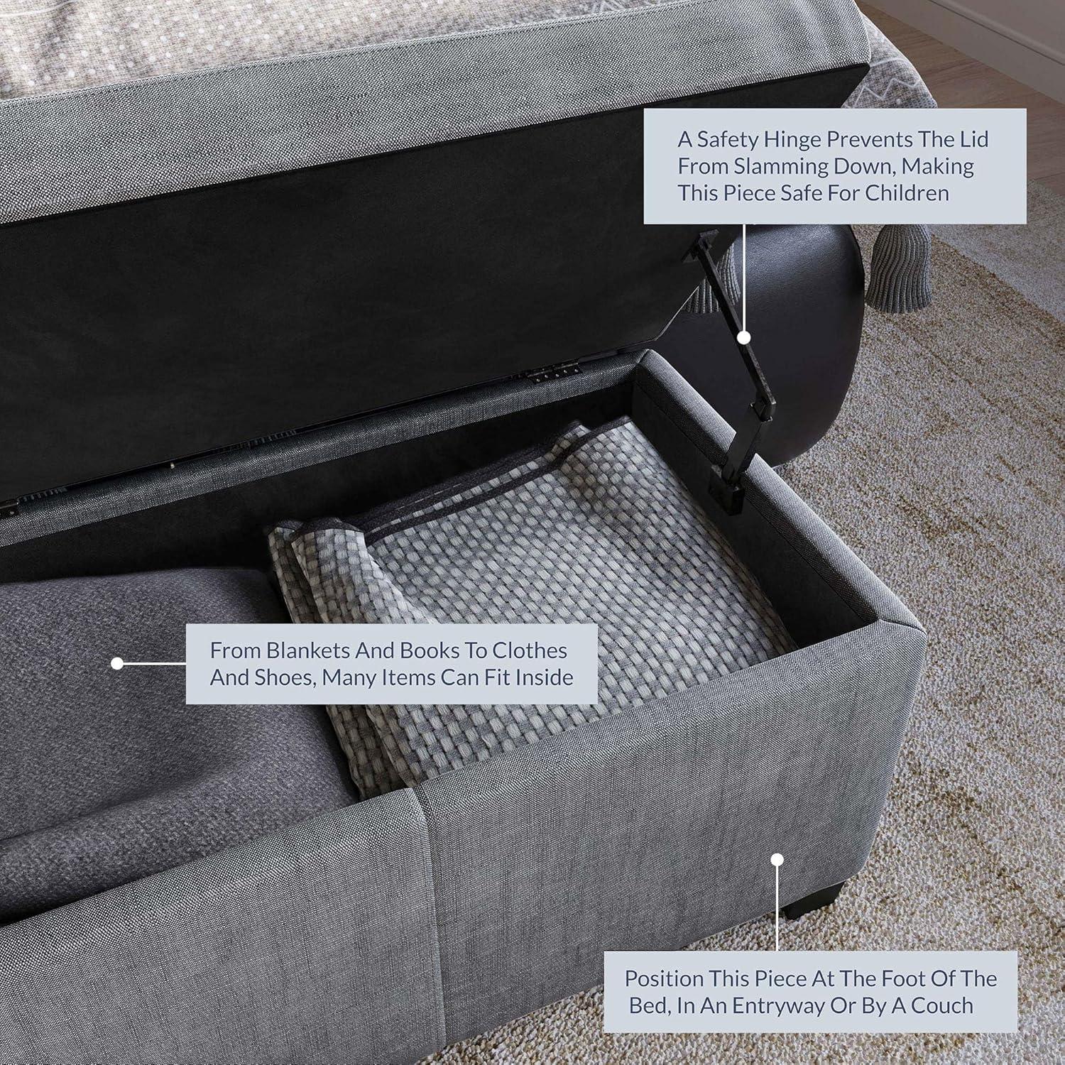 Gray Linen Storage Ottoman Bench with Rubber Wood Legs