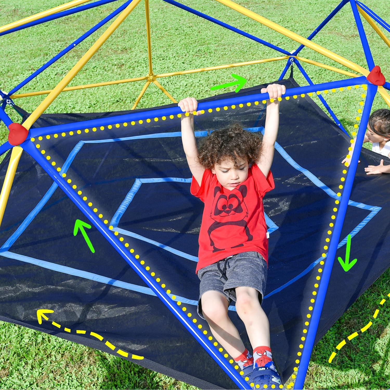 10FT Geometric Dome Climber Play Center with Hammock, Kids Climbing Dome Tower , Rust & UV Resistant Steel Supporting 1000 LBS, Blue+ Yellow