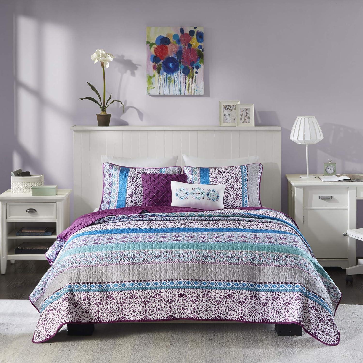 Boho Purple and Turquoise Reversible Microfiber Coverlet Set