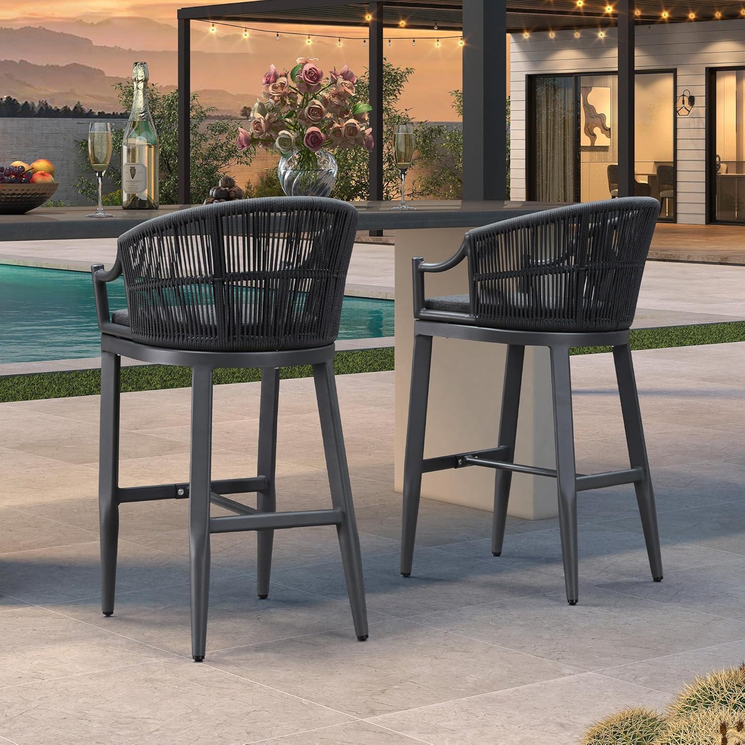 PURPLE LEAF Patio Bar Stools Set of 2 Outdoor Wicker Modern High Bar Chairs Metal Cushioned Barstools with Backs and Ergonomic Armrest for Balcony Garden Indoor Kitchen Island, Gray