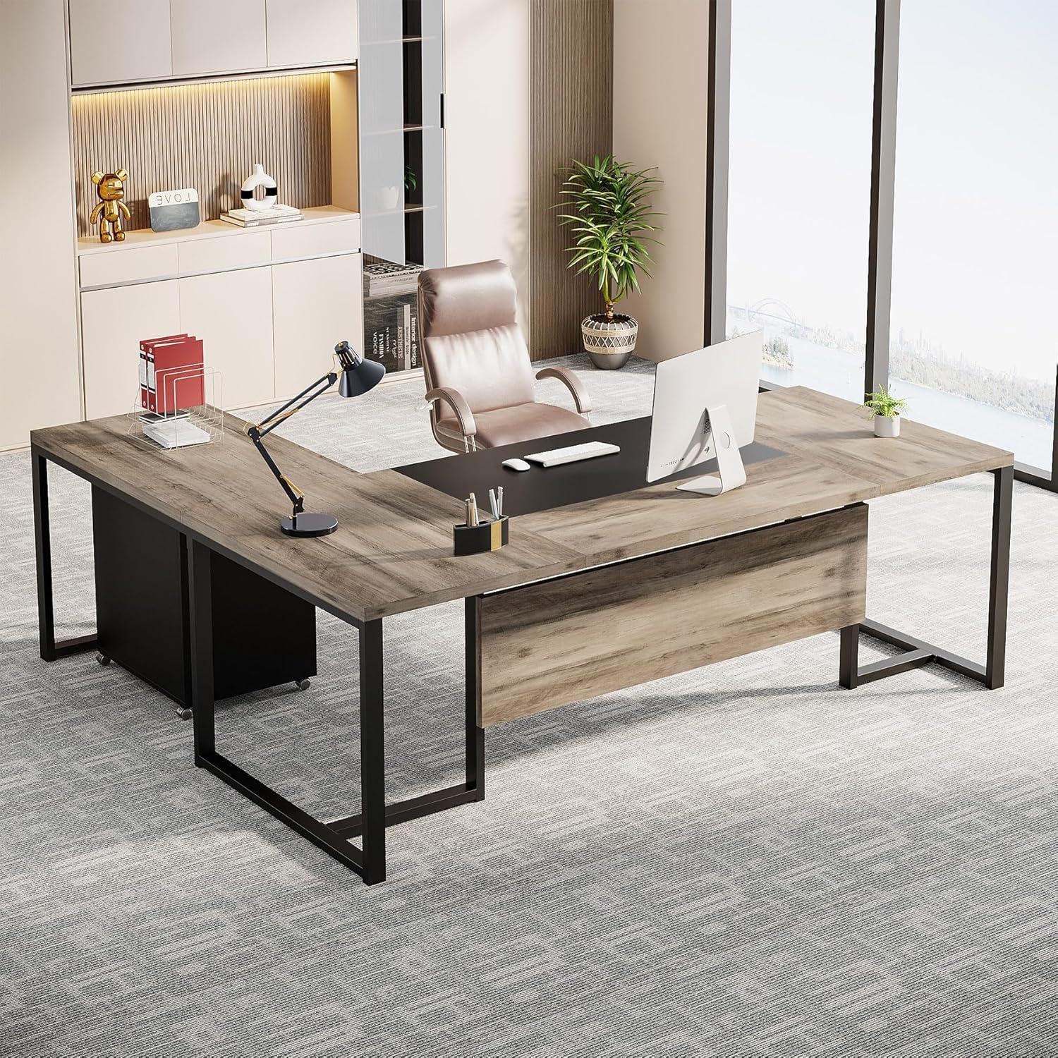 Tribesigns 70.8" Executive Desk with 55" File Cabinet, Industrial L Shaped Computer Desk, Large Executive Desk for Home Office, Walnut & White