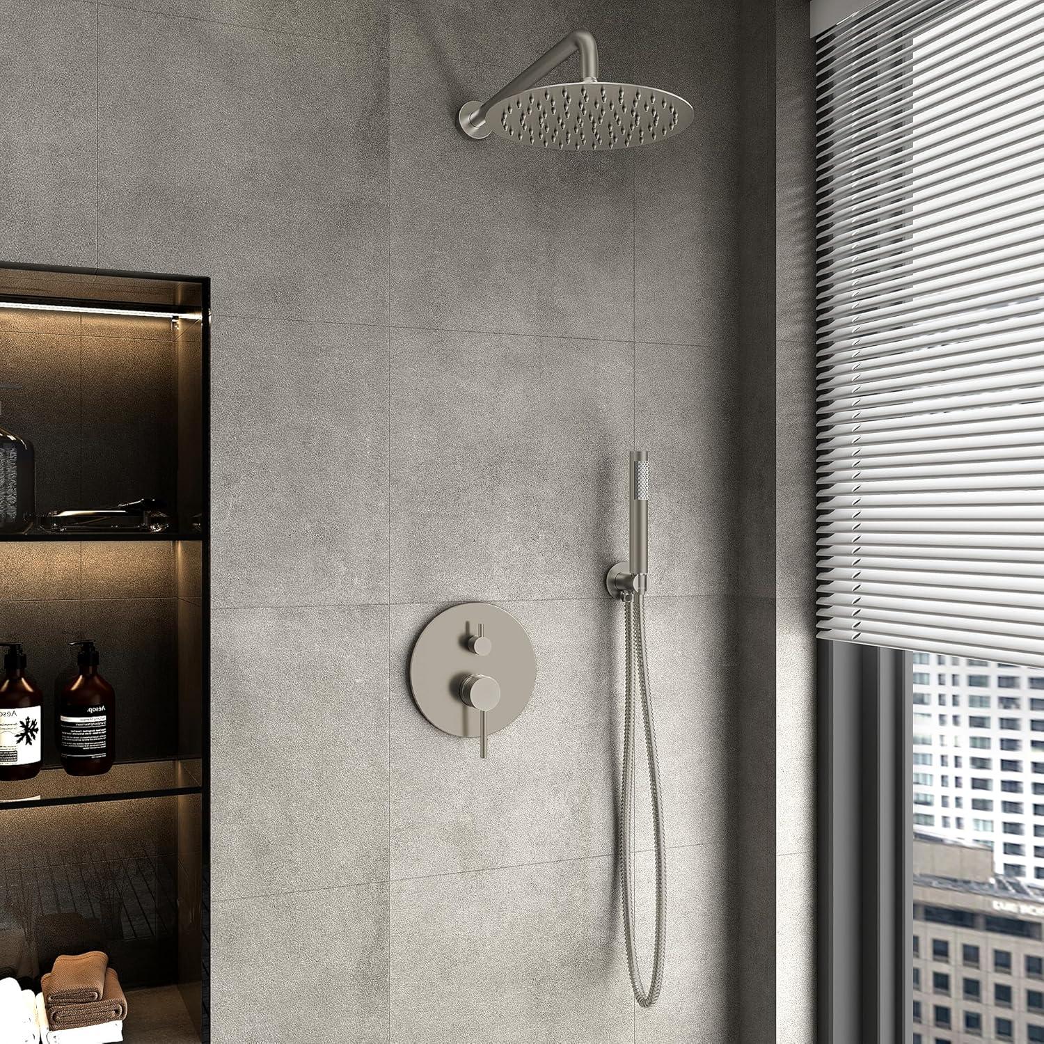 Brushed Nickel Dual Shower System with Handheld and Rainfall Head