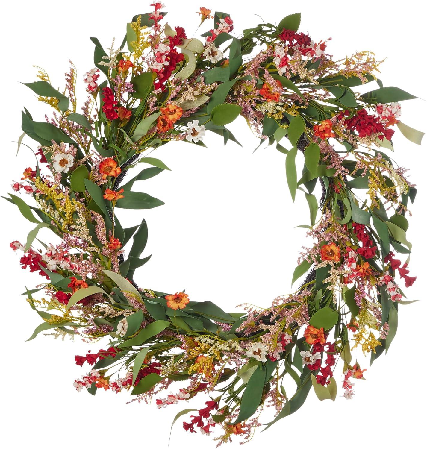 Christmas Raya 26in Wreath, w/ Artificial Narrow Leaf Eucalyptus, Wild Daisy, Larkspur, & Limonium