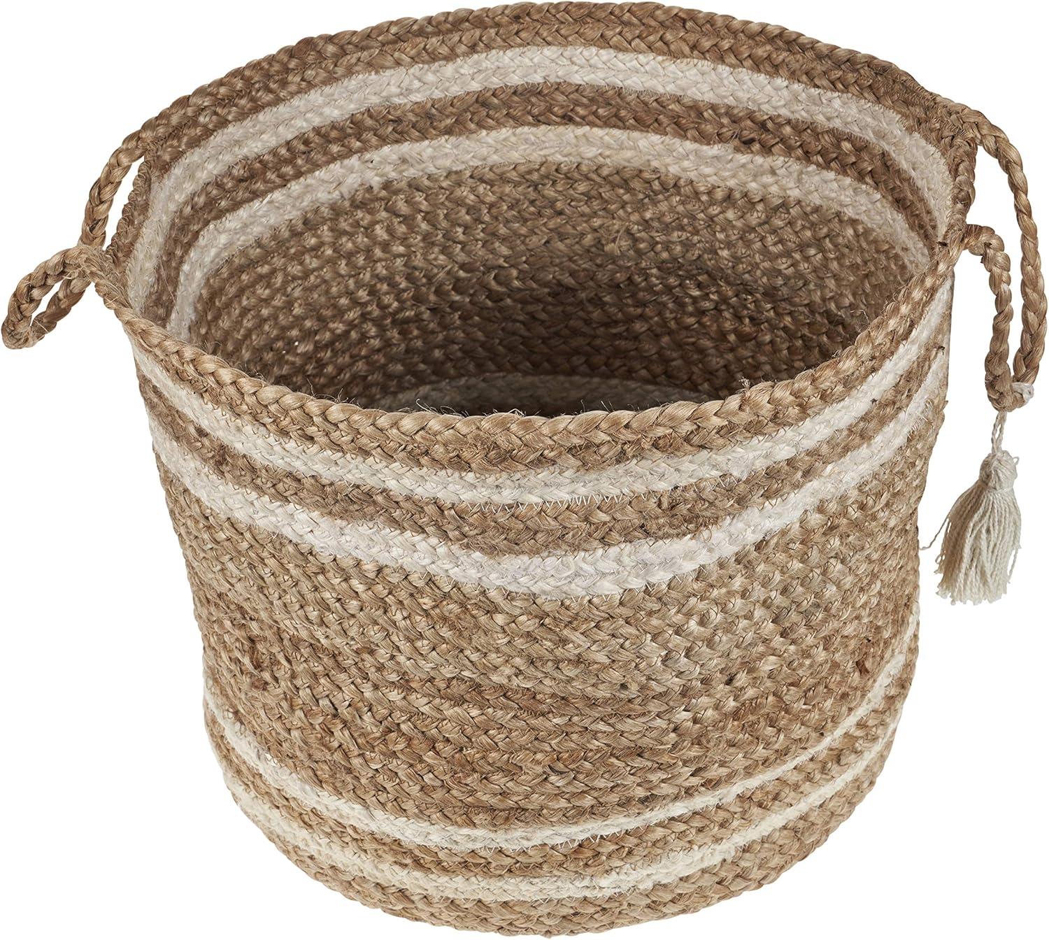 LR Home Baria Natural Jute 17" x 17" Braided Striped Decorative Storage Basket