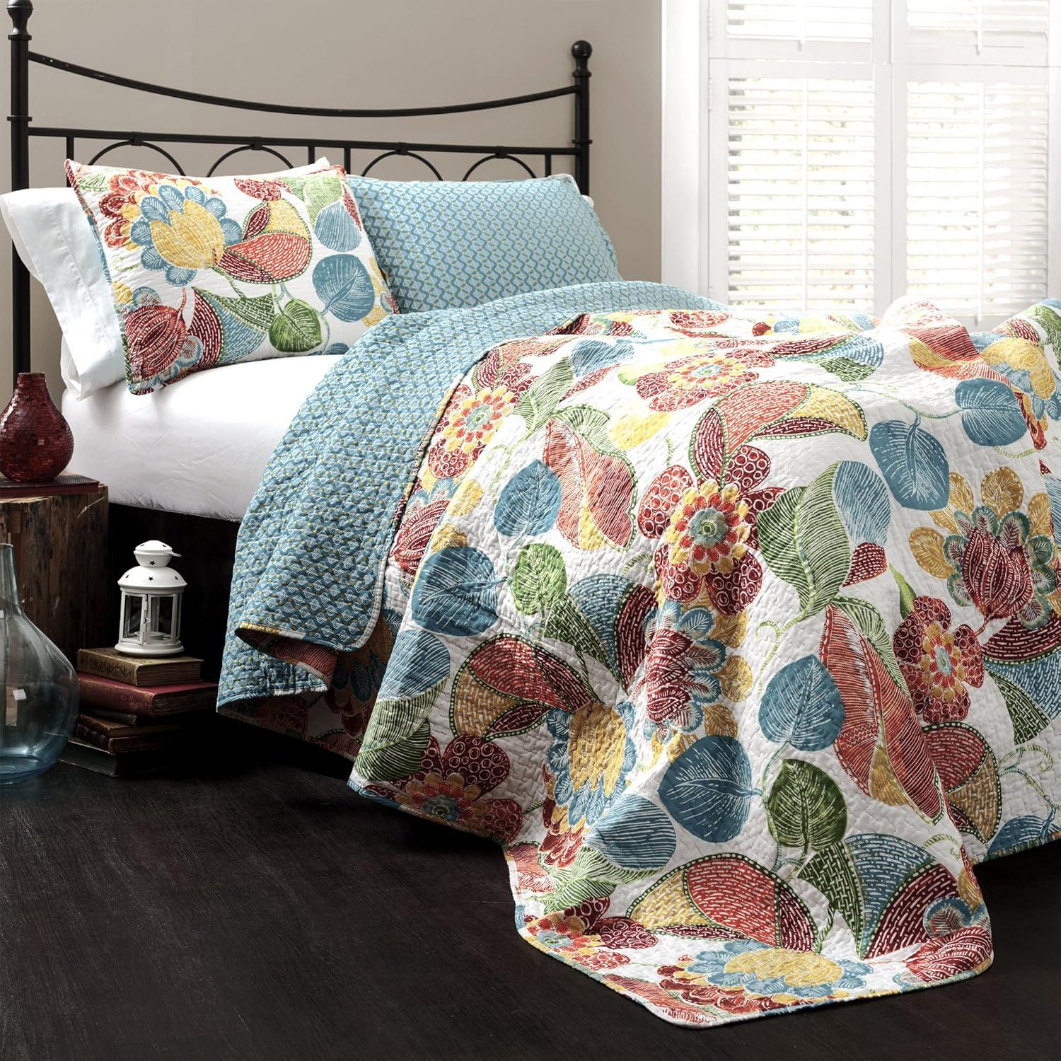 King Blue Floral Cotton Reversible Quilt Set